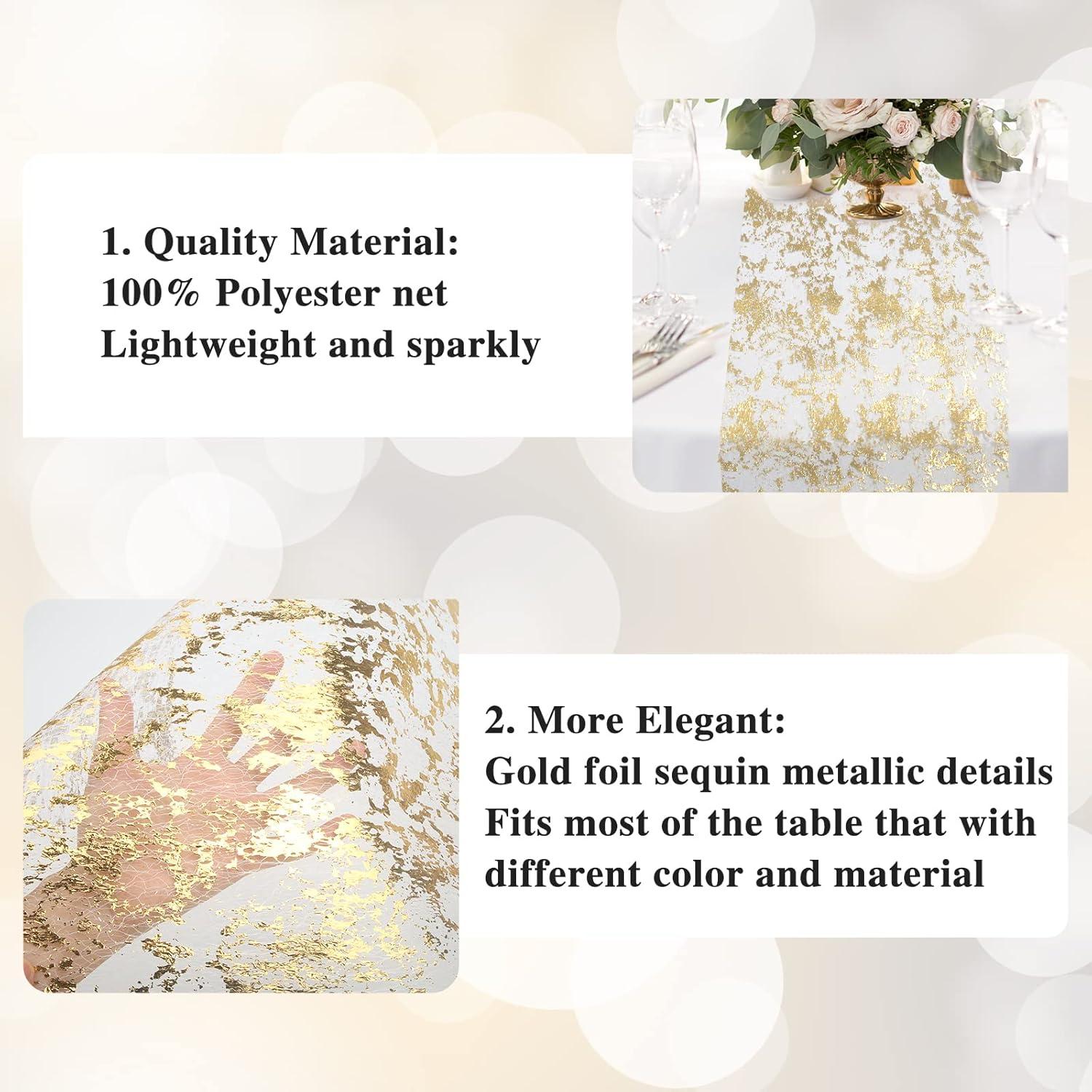 Glitter Metallic Gold Foil Mesh Table Runner - 11 inch x 32 Feet | Elegant Table Decor | Durable Polyester Fiber | Easy to Cut | Enhance Home Decoration