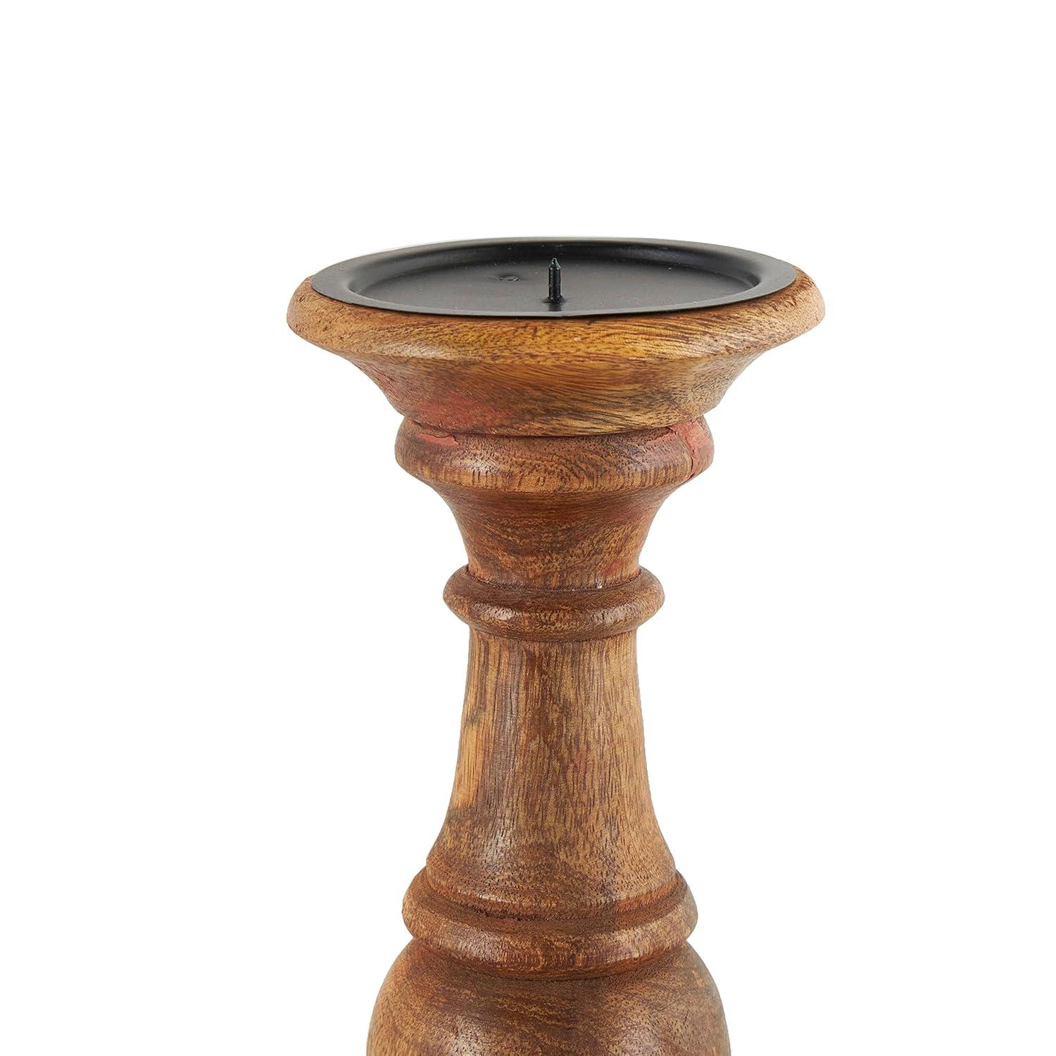 DecMode Traditional and Timeless Mango Wood Pillar Candle Holder Set of 3, 4", 8", 10"H, Brown Finish