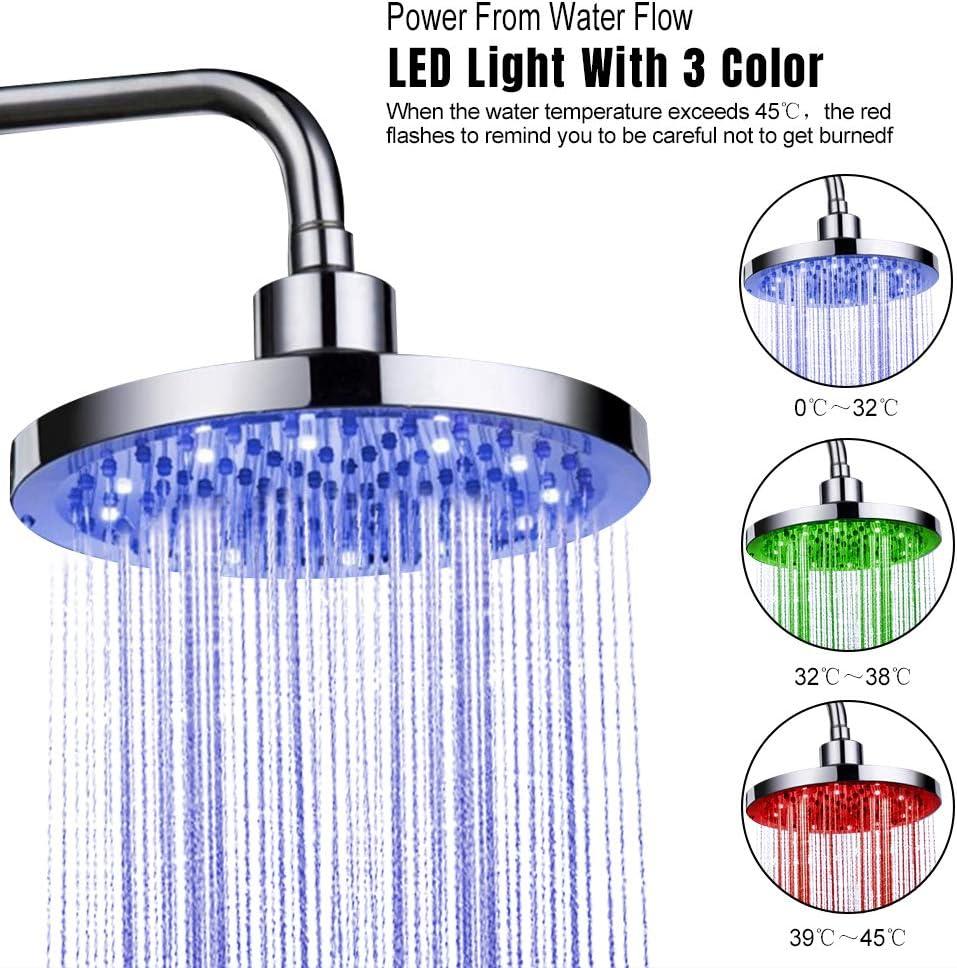 Rain Shower Head, 8" inch Round LED Shower with 3 Color Temperature Controlled Lights Changing automatically Water Rainfall High-Pressure Bathroom Shower Head