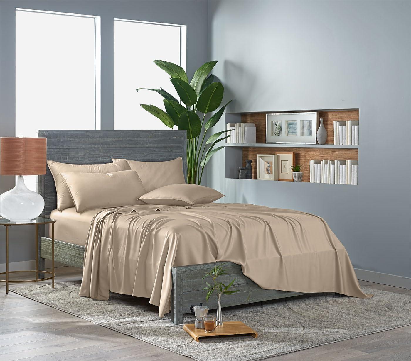 PURE BAMBOO Sheets Queen Size Bed Sheet 4 Piece Set, Genuine 100% Organic Bamboo Viscose, Soft & Cooling, Double Stitching, 16" Deep Pockets, 2 Year Quality Promise (Queen, Jacquard Sand)