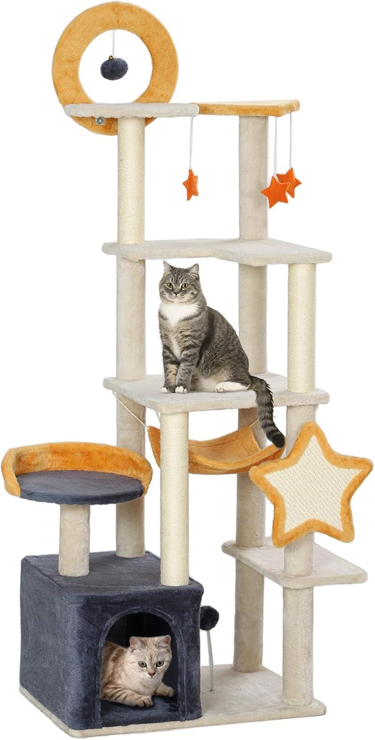 PawHut Cat Tree, 63 Inch Moon and Star Themed Cat Tower with Scratching Post, Hammock, Condo, Bed, Scratching Board & Cat Toys, Beige
