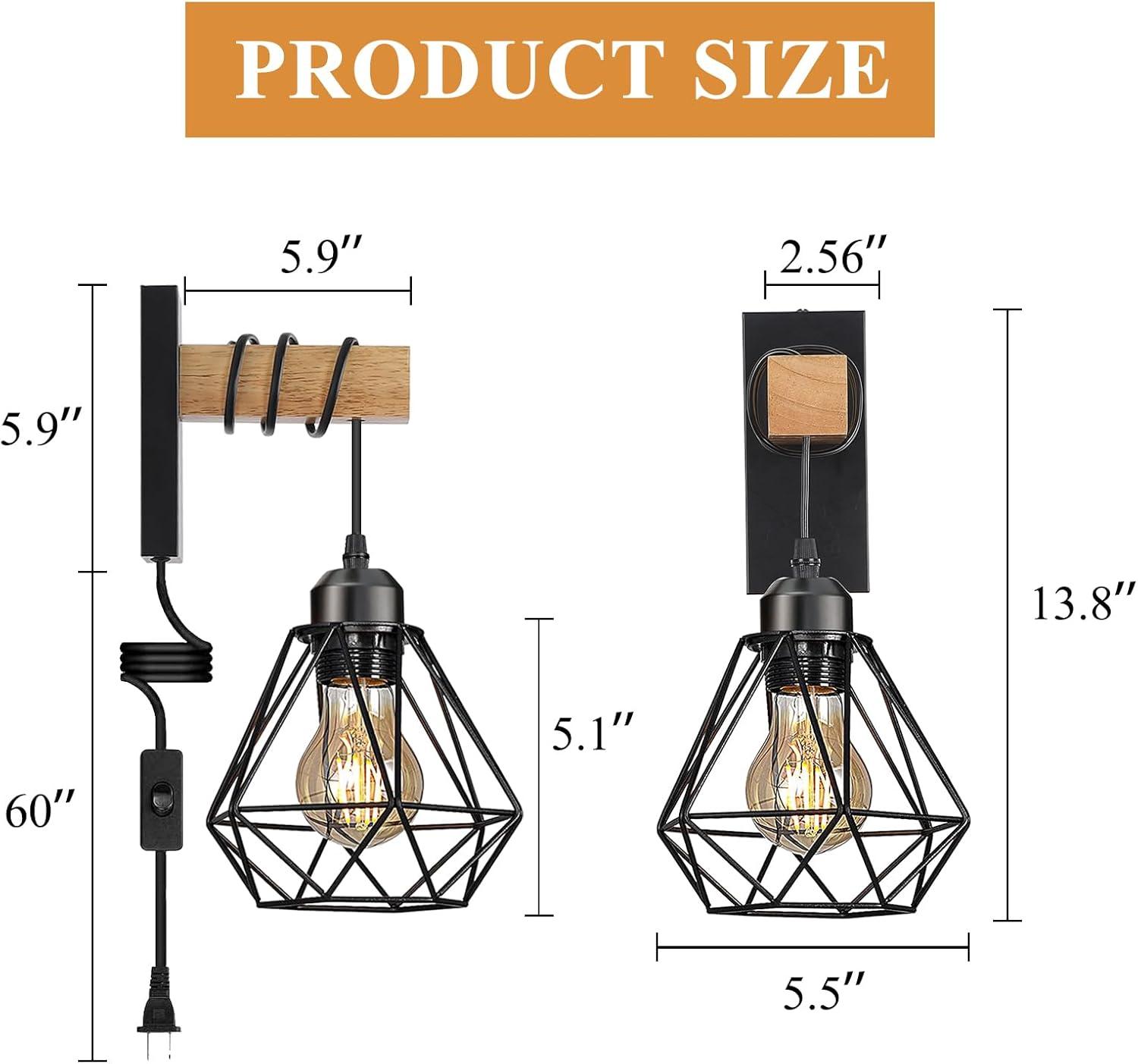 Black and Wood Plug-In Wall Sconce Set with Cage Shade