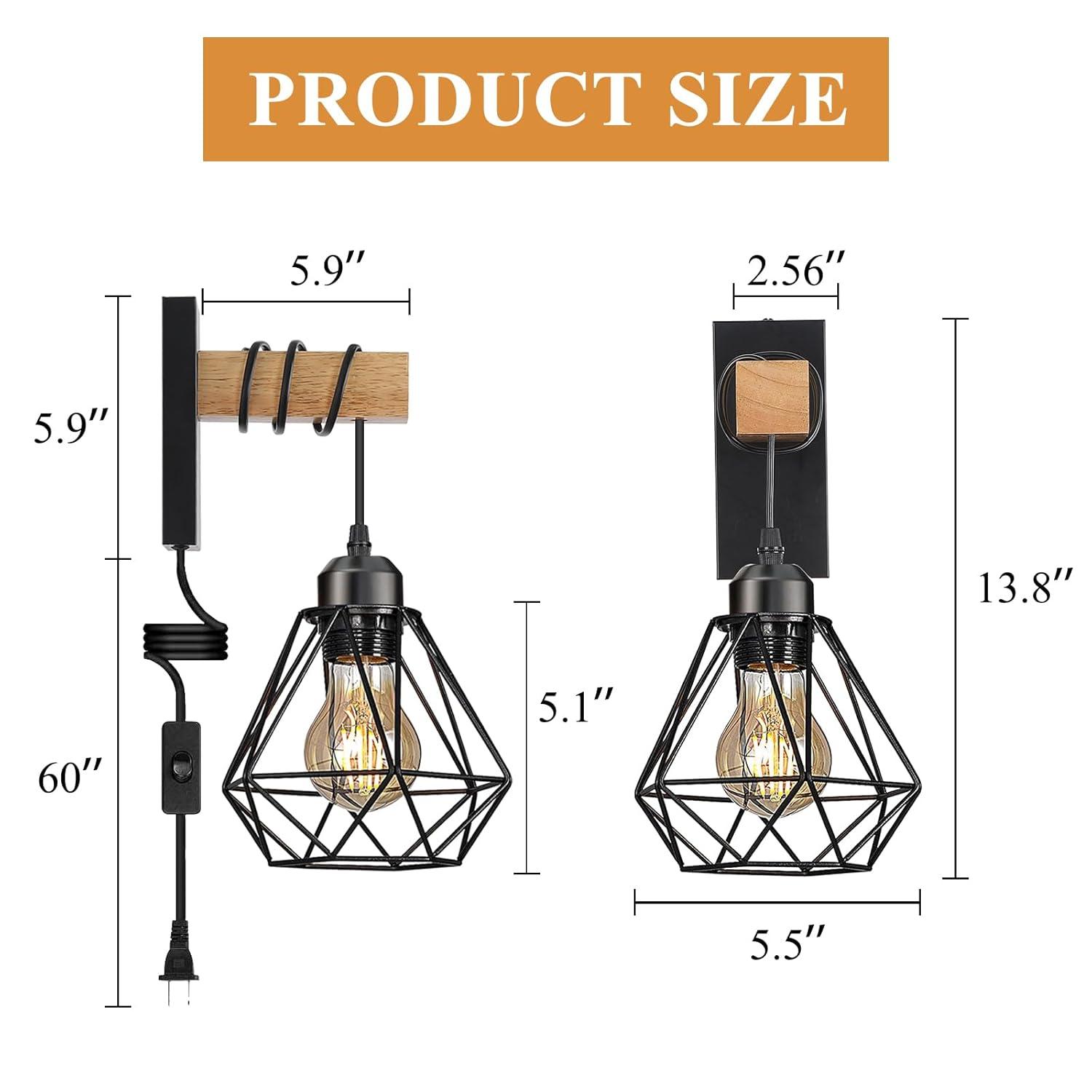 Plug in Wall Sconces Set of 2 with 6 FT On/Off Switch Cord, Wall Light Fixtures Black Industrial Farmhouse Indoor Wall Latern For Bedroom Living Room