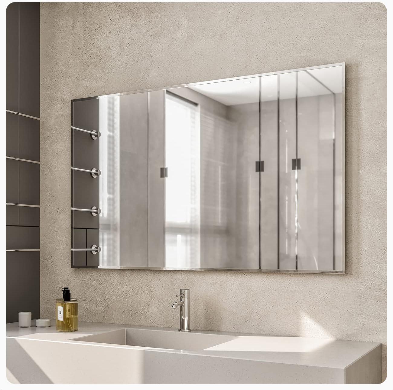 Eviva Sax 48 in. Brushed Chrome Framed Bathroom Wall Mirror