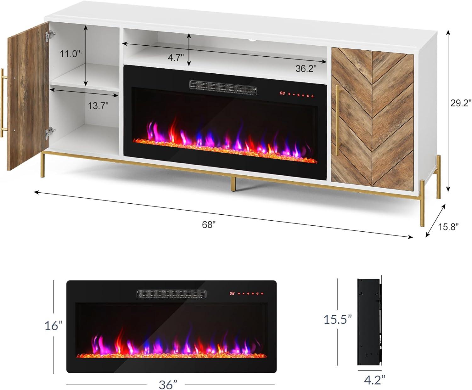 White and Wood 68" TV Stand with Electric Fireplace