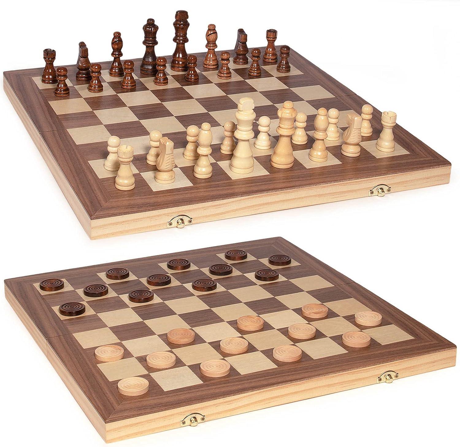 KiddiTouch 15 inch Magnetic Wooden Chess Set 2 in 1 Folding Chess Board Travel Chess Games for Adults and Kids-2 Extra Queen Pieces