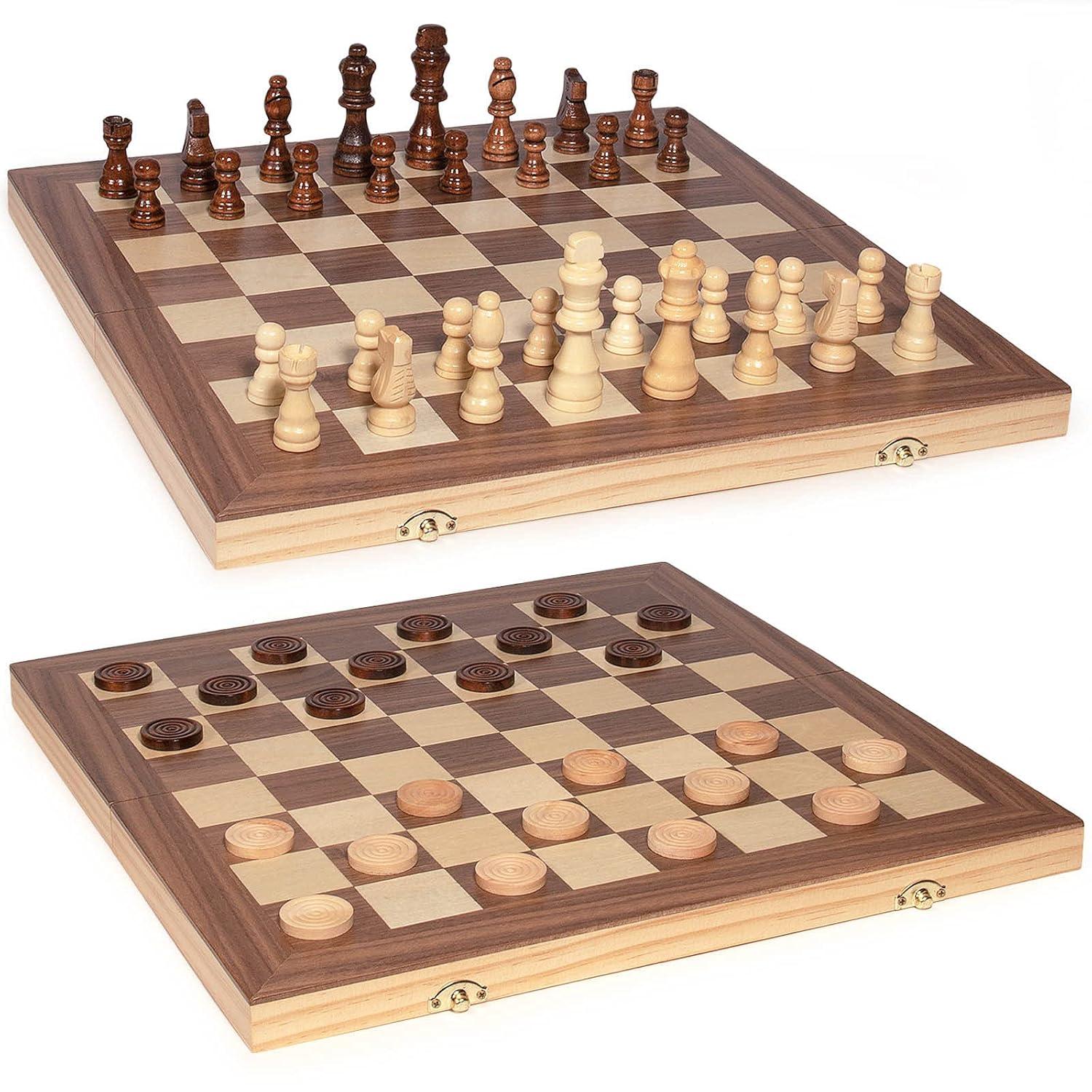 KiddiTouch 15 inch Magnetic Wooden Chess Set 2 in 1 Folding Chess Board Travel Chess Games for Adults and Kids