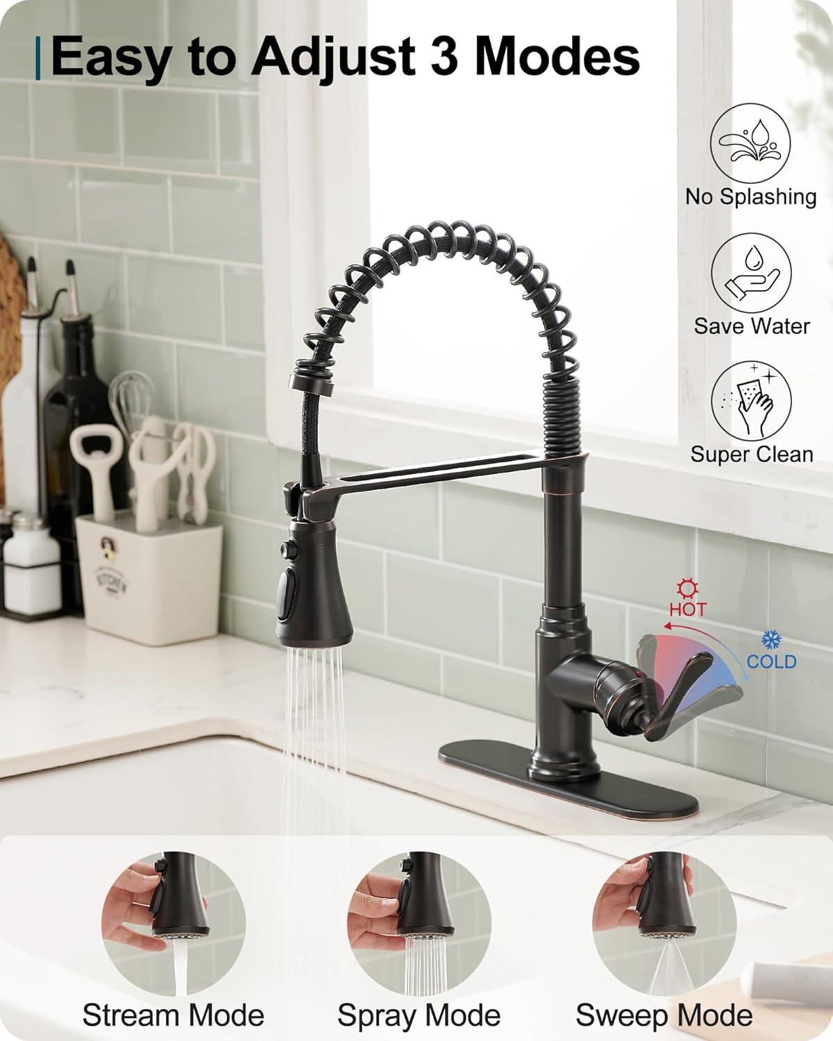 FORIOUS Rustic Kitchen Faucet with Pull Down Sprayer Oil Rubbed Brown, 3 Modes Stainless Steel High Arc Vintage Spring Sink Faucet 1 or 3 Holes for Pot Filler, Farmhouse Camper Wet Bar