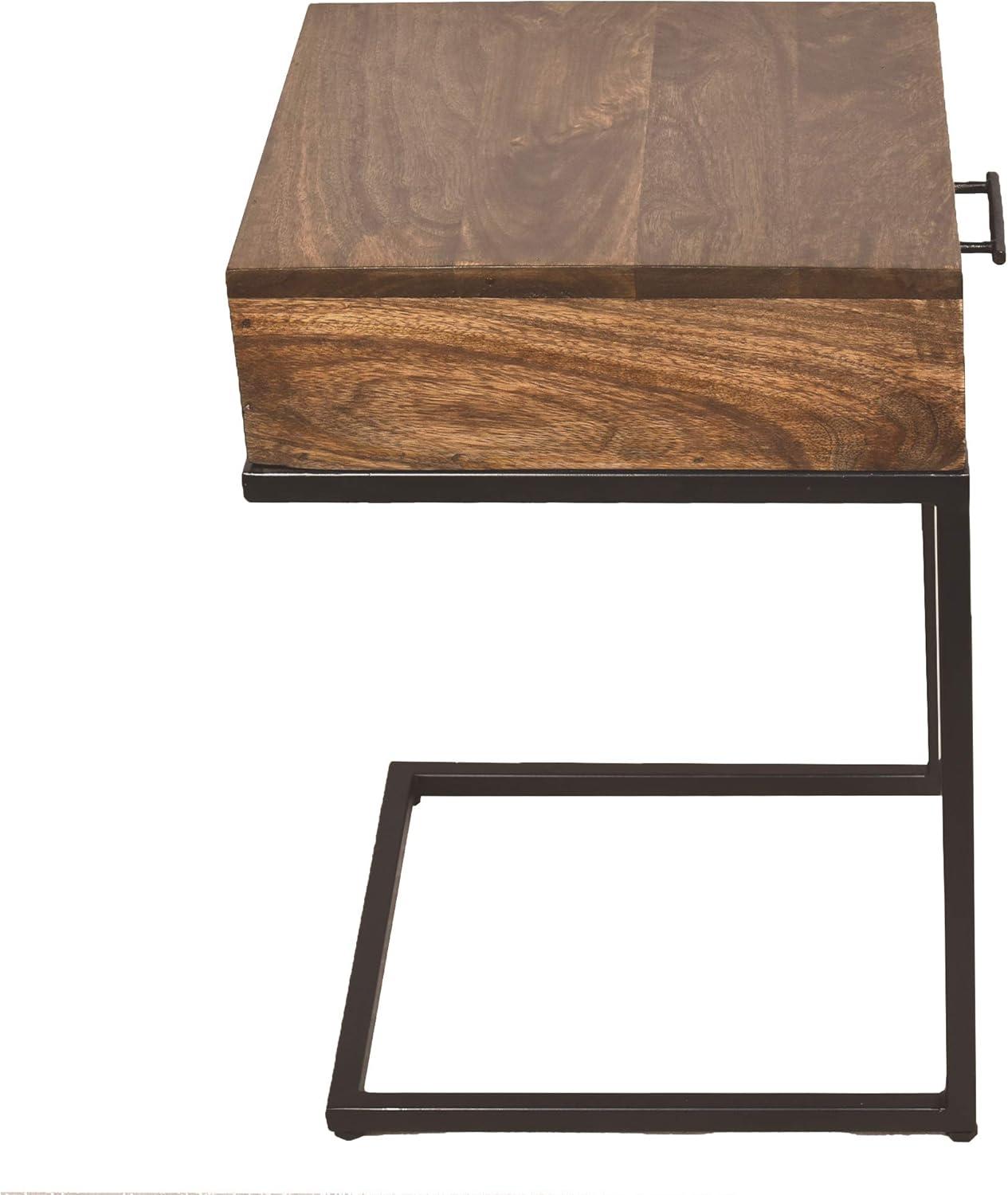 Brown Mango Wood Side Table with Black Iron Base and Drawer