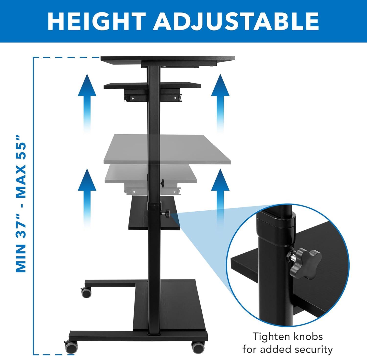 Mount-It! Height Adjustable Mobile Standing Desk with Retractable Keyboard Platform & Locking Wheels