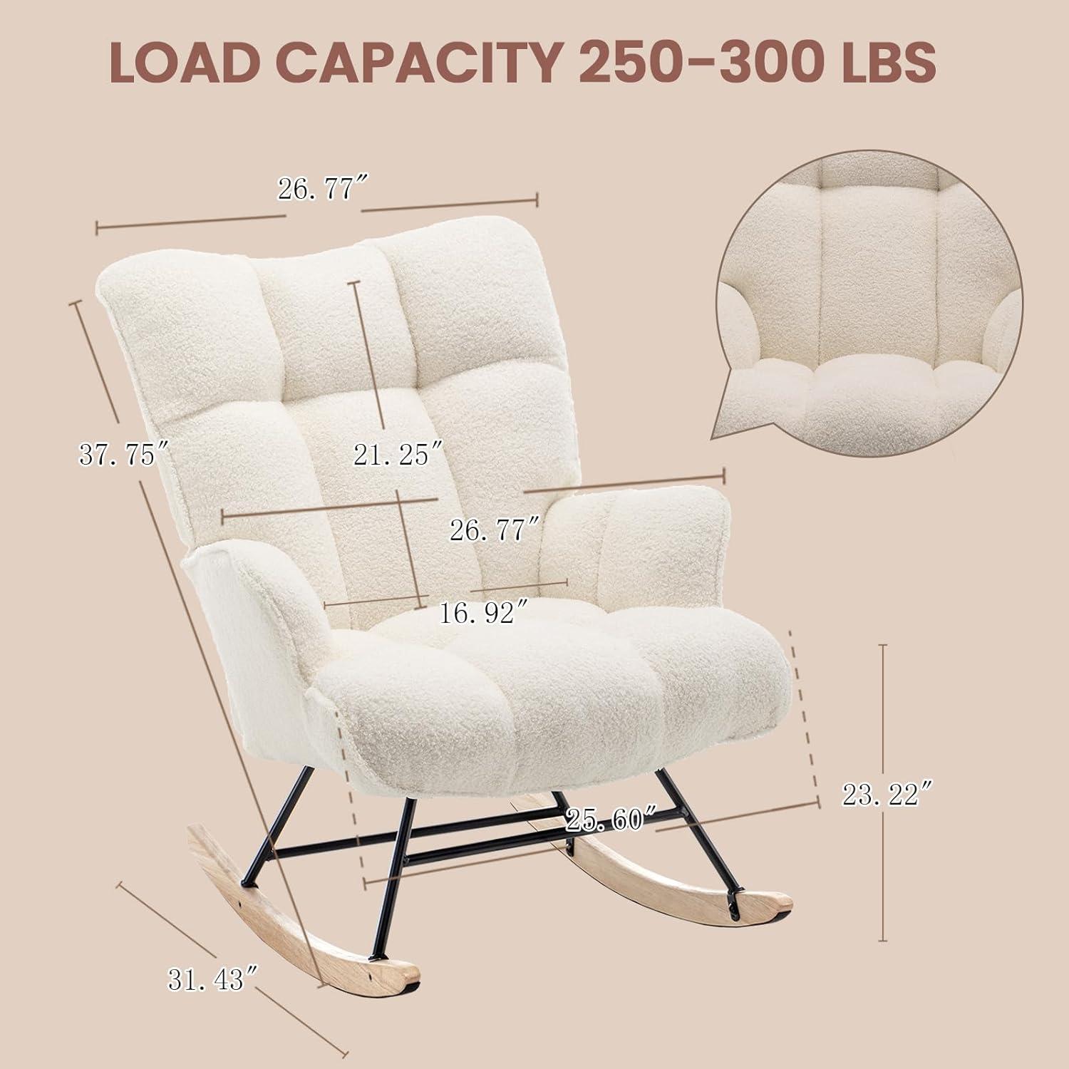 Nursery Rocking Chair Teddy, Upholstered Glider Rocker with High Backrest, Comfortable Stylish Accent Armchair with Padded Seat for Living Rooms, Bedrooms, Offices