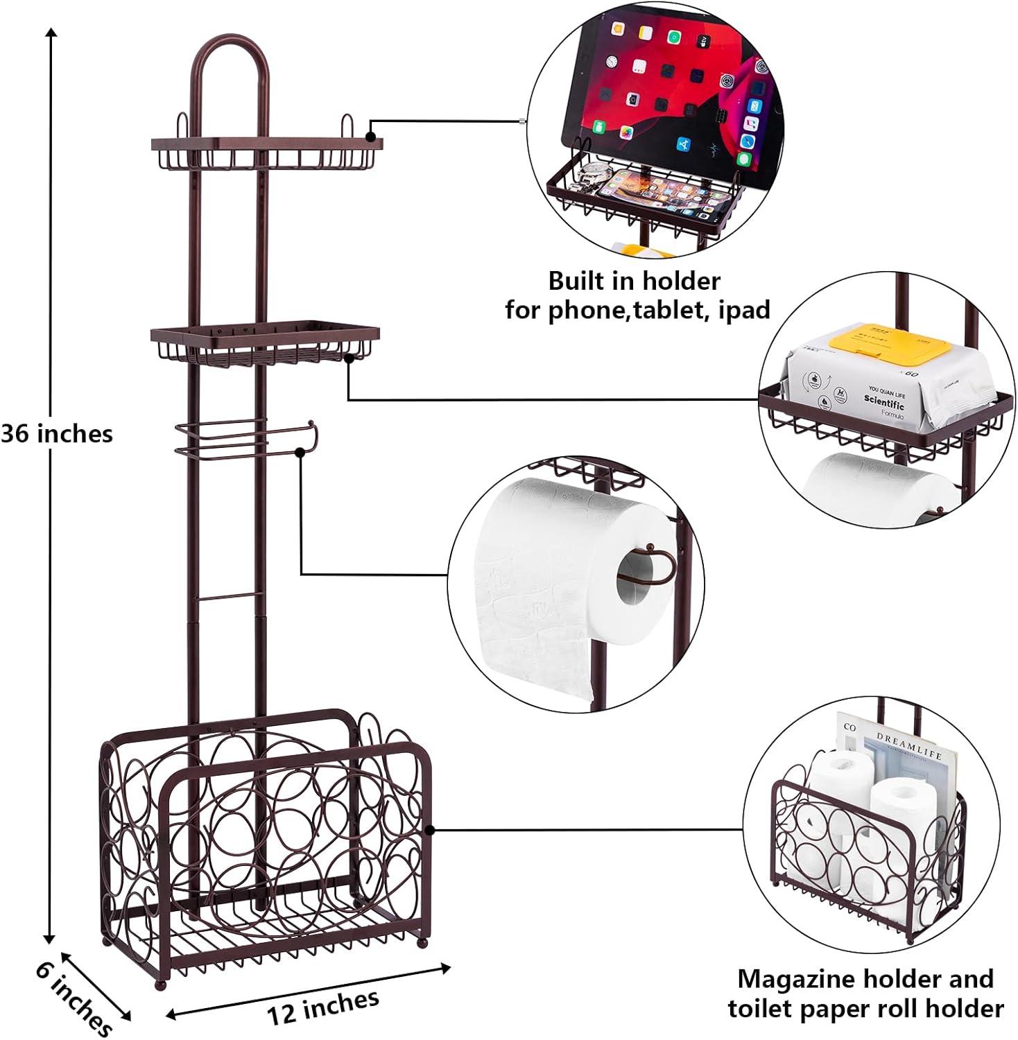 Toilet Paper Holder Tissue Rack Stand With Magazine Toilet Roll Storage Basket- Freestanding, Bronze Metal