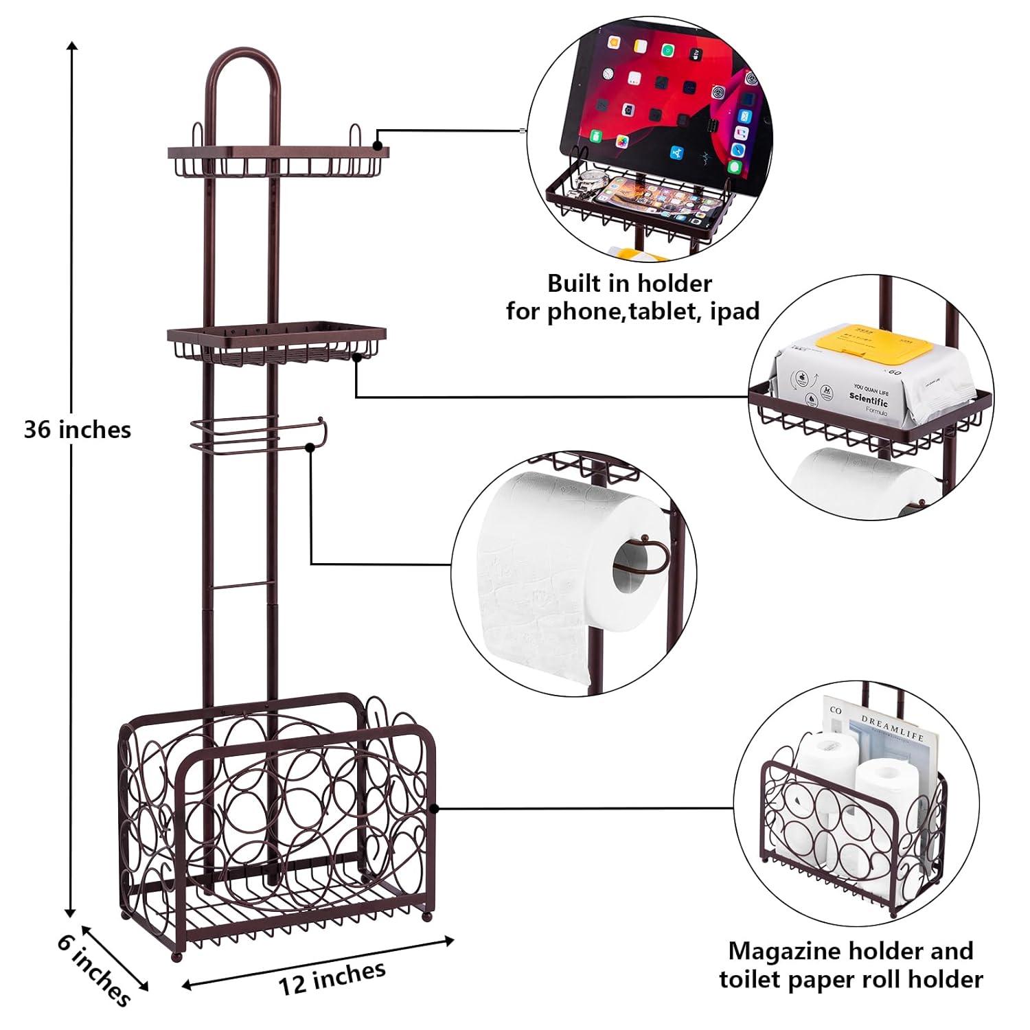 Toilet Paper Holder Tissue Rack Stand With Magazine Toilet Roll Storage Basket- Freestanding, Bronze Metal