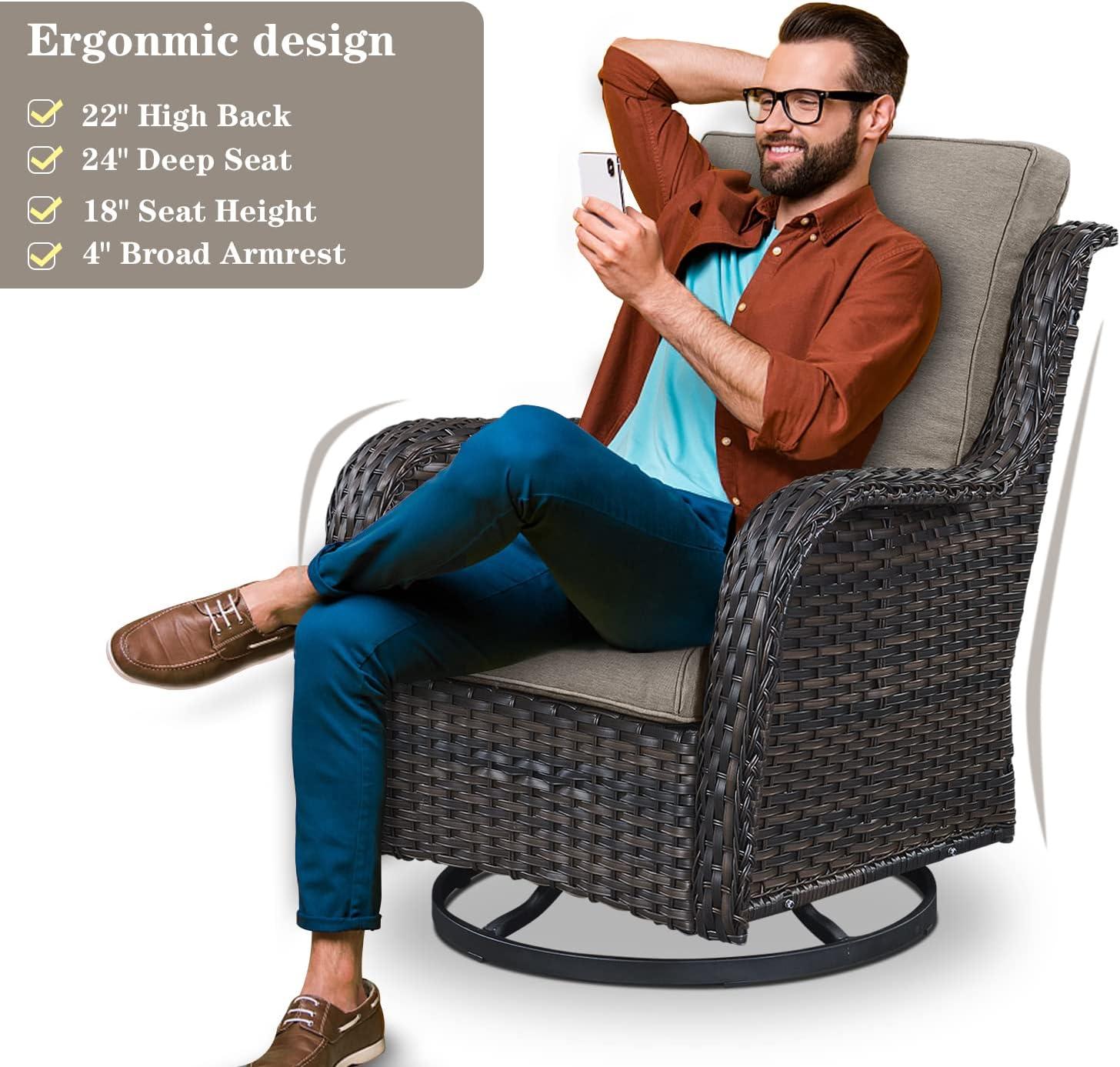 Mixed Grey Wicker Swivel Rocker Chairs with Blue Cushions