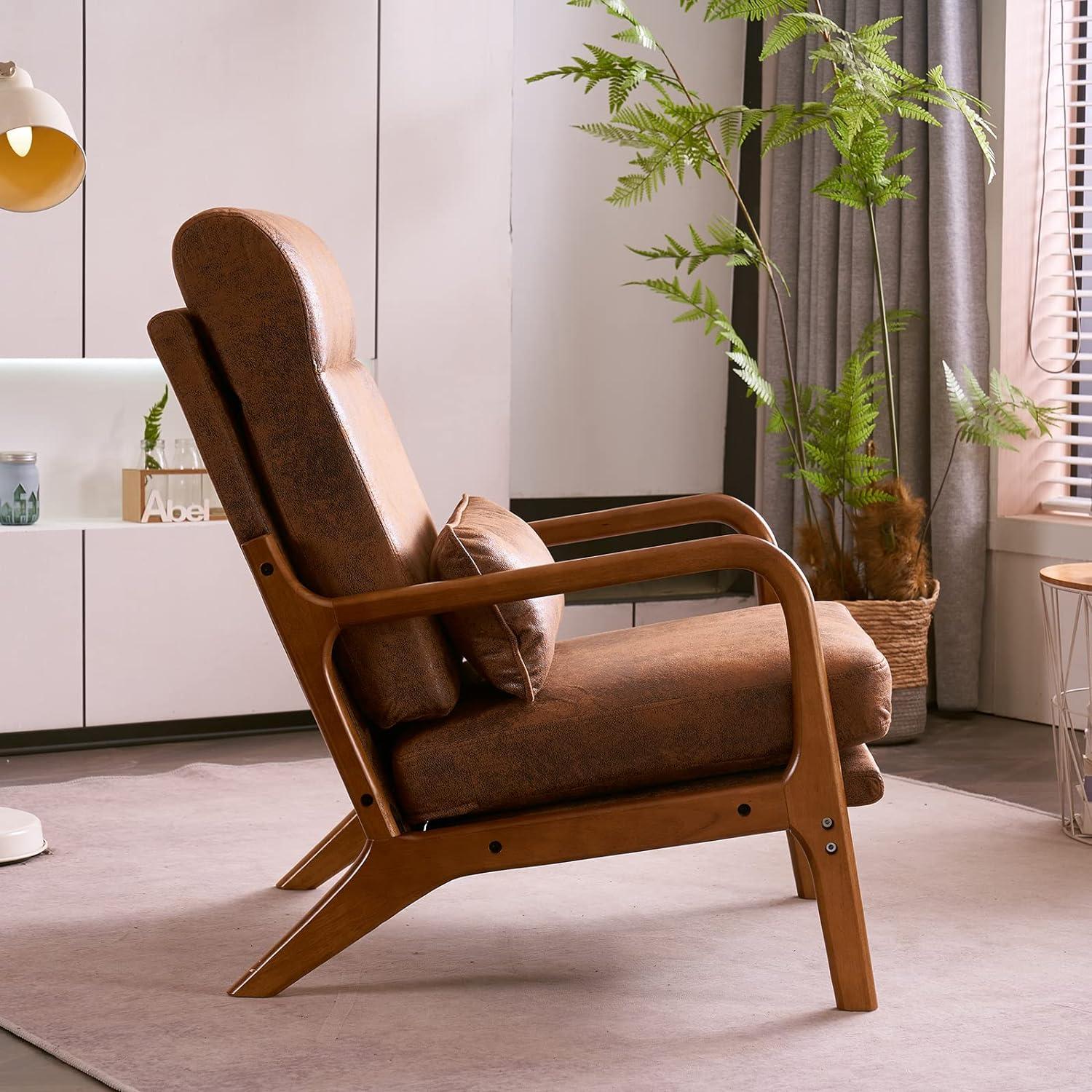 Mid-Century Modern High Back Brown Wood Accent Chair