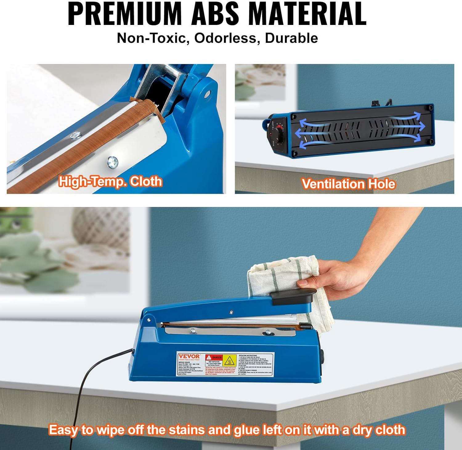 VEVOR 8-Inch Impulse Sealer, Adjustable Heat Manual Sealing Machine for Plastic, Mylar, PE, PP Bags - Portable Shrink Wrap Sealer with Extra Replacement Kit