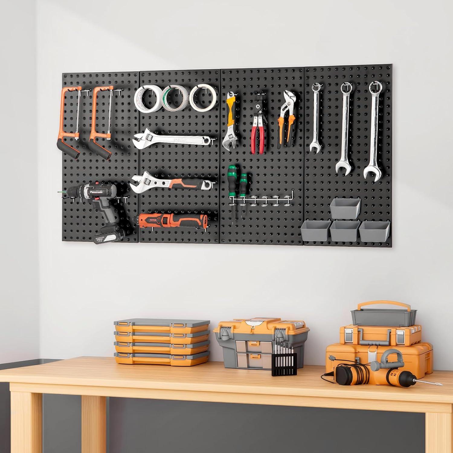 VEVOR Metal Pegboard Panels, 24" x 12" Pegboard, 4 Panels, Heavy Duty Peg Board Wall Organizer with Accessories, for Living Room Garage Tool Storage Office Organization Craft Room Kitchen Home, Black