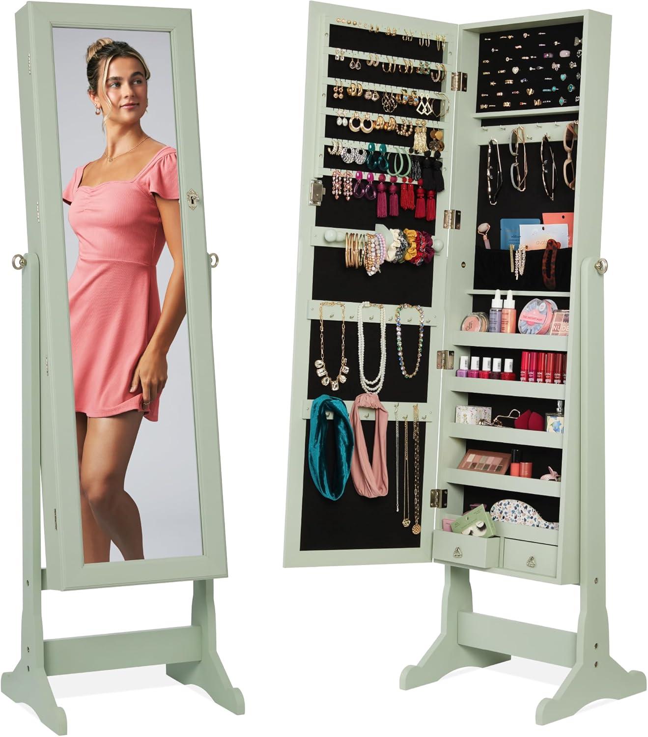 Best Choice Products Jewelry Armoire Cabinet, Full Length Mirror w/ Velvet Storage Interior, Lock - Sage