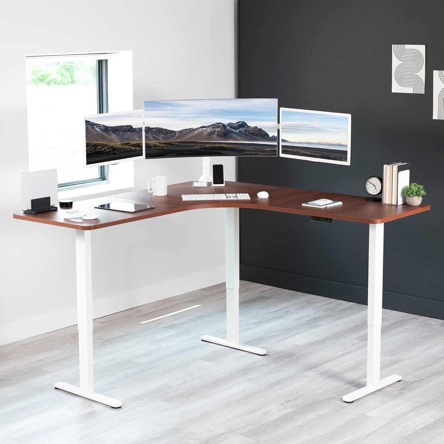 VIVO Dark Walnut / White Electric 71" x 71" Curved Corner Stand Up Desk