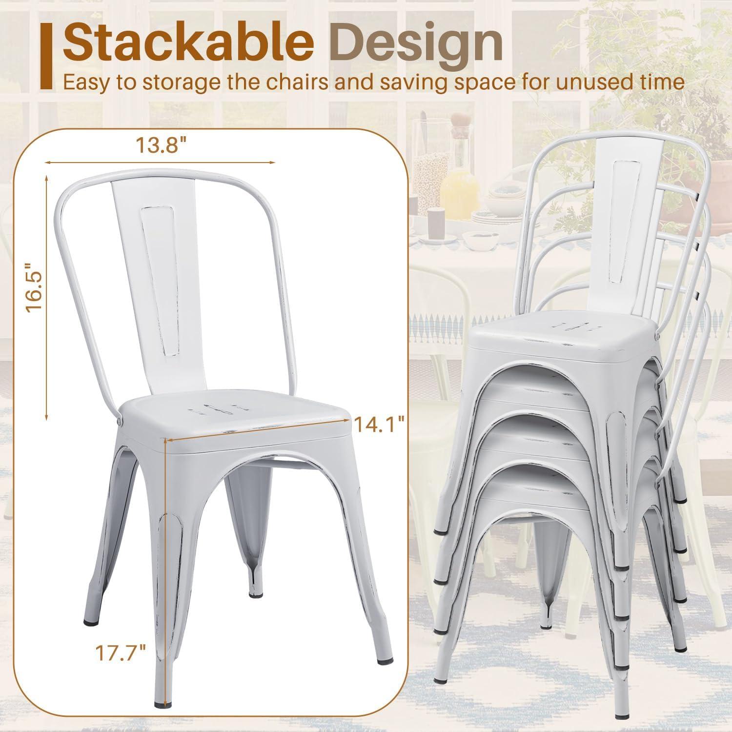 Killeryuki Metal Dining Chair Indoor Outdoor Use Stackable Chic Side Classic Trattoria Metal Chairs Set of 4 for Kitchen, Dining Room, Bistro and Cafe (Distressed White)