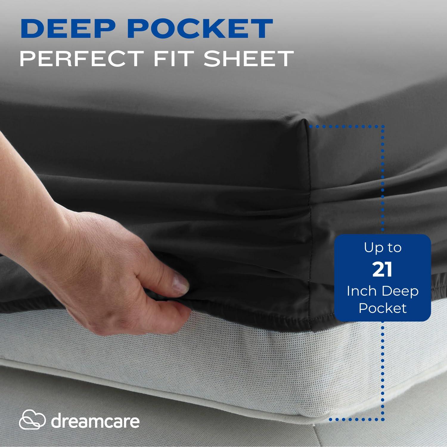 DREAMCARE - Bed Sheets Set - Queen Size Sheet with Side Pocket - 4pcs Set, 15 inches, Dark Gray