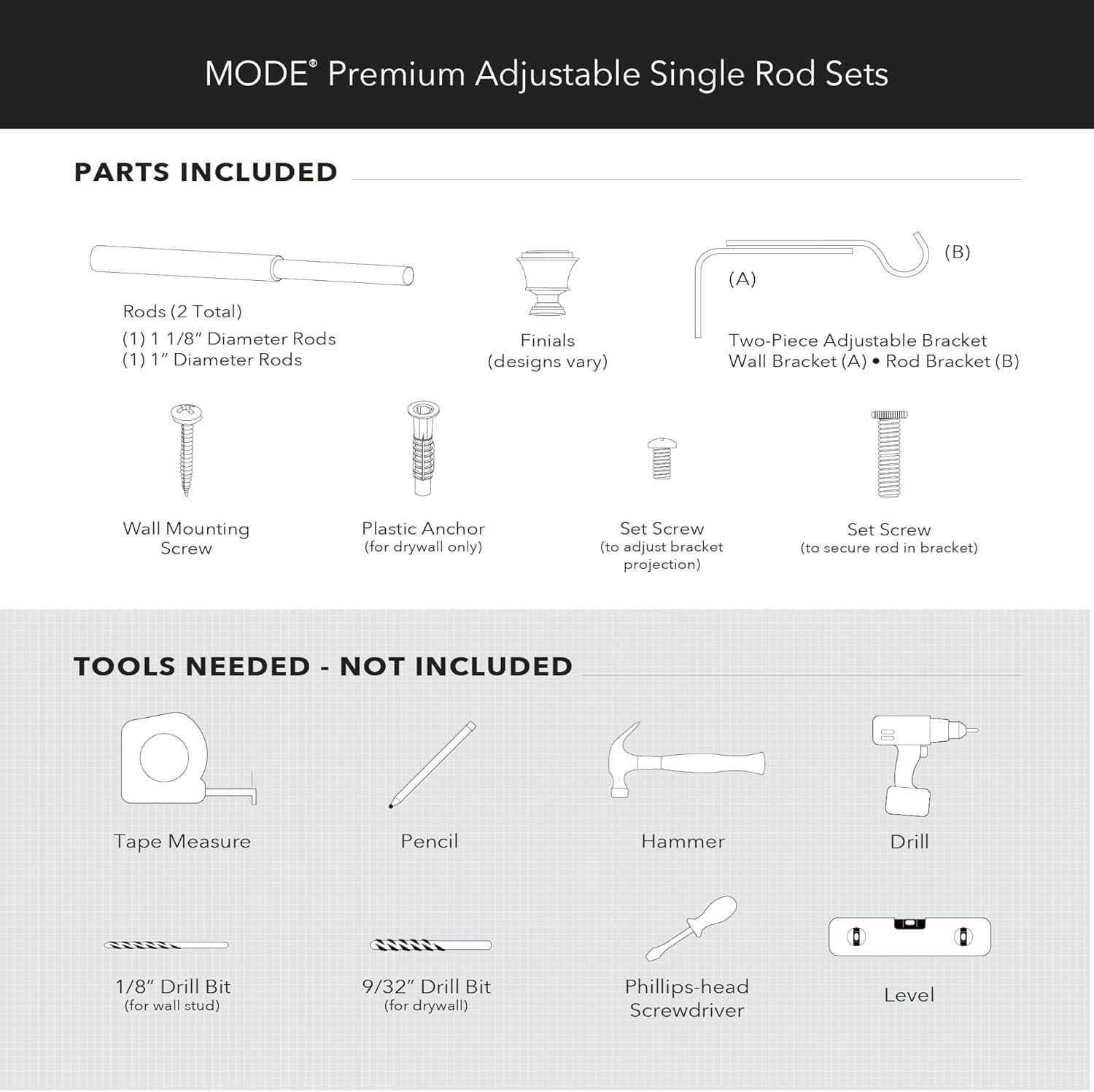 Mode Premium Collection 1 1/8 in Diameter Single Curtain Rod Set with Modern Doorknob Finials