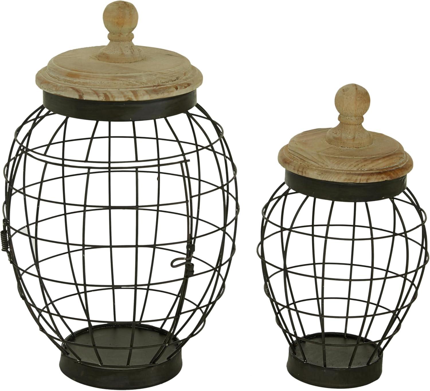 DecMode 12", 15"H Black Metal Caged Style Decorative Jars with Wood Lids, 2-Pieces