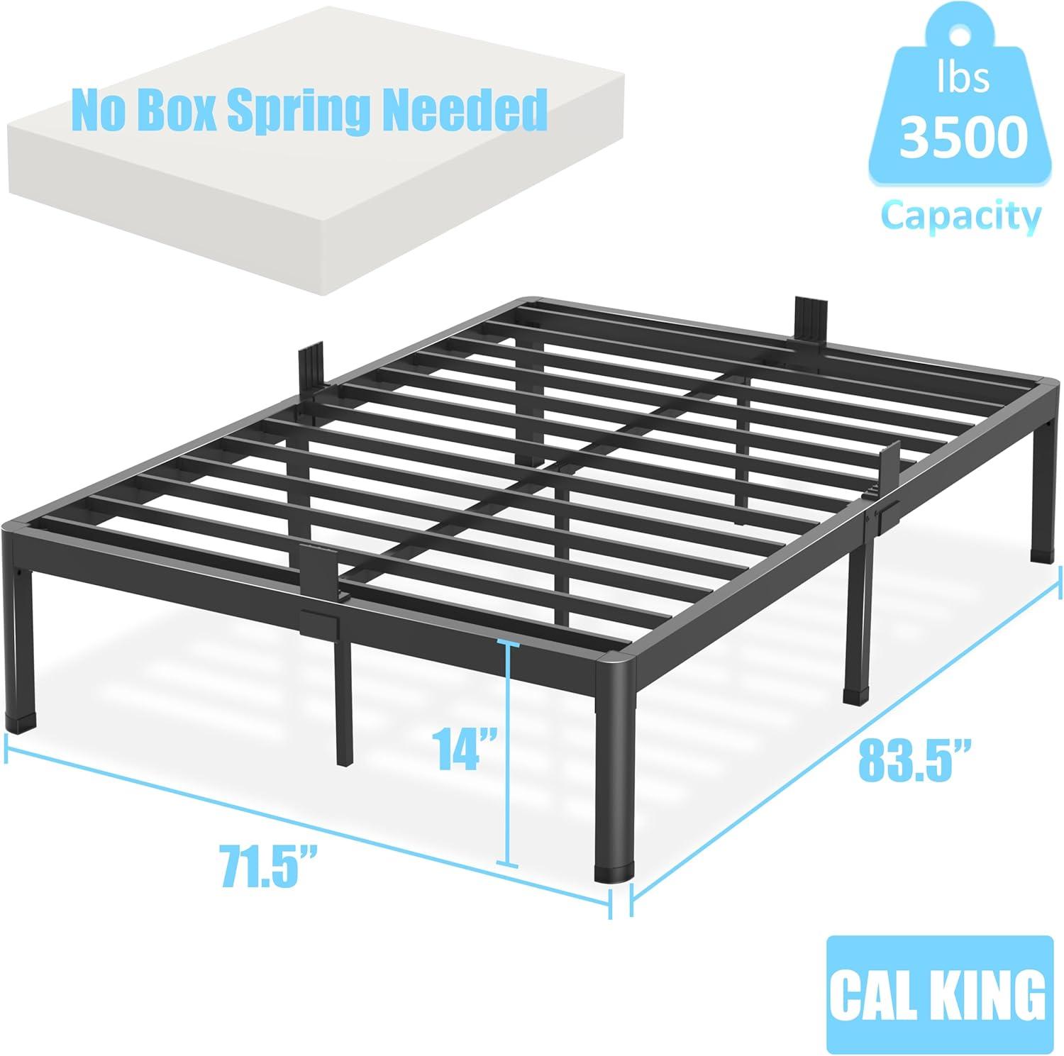 California King Bed Frame with Round Corner Edge Legs, 14 Inch Tall 3500 lbs Heavy Duty Metal Platform Bed Frame California King Size, No Box Spring Needed/ Noise Free/ Non-Slip