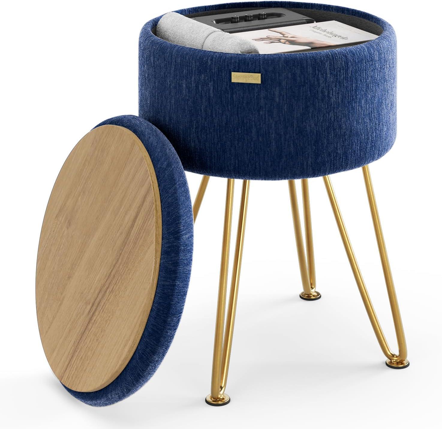 StorageBud Round Ottoman with Storage, Textured Velvet Storage Ottoman, Modern Foot Stool for Living Room and Bedroom - Blue with Gold Legs