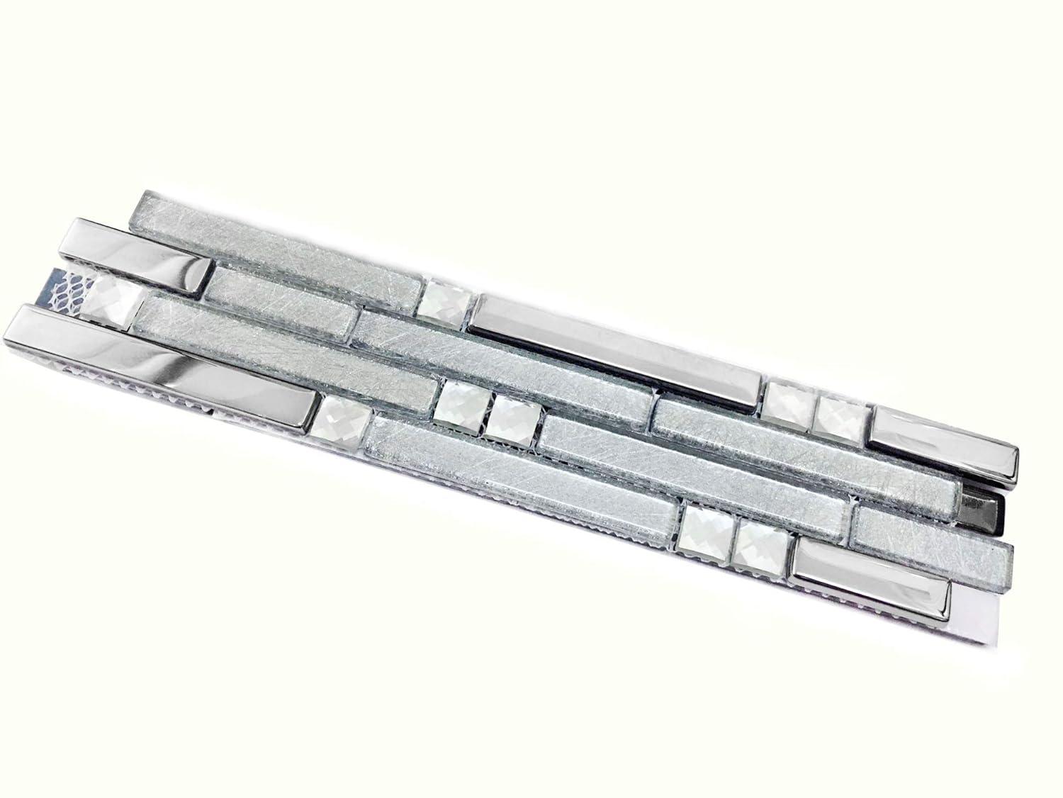 Metallic Glass Tile Linear Mosaic Sparkle Silver Crystal Glass Chrome Stain Resistant for Kitchen Backsplash Bathroom & Shower Wall Tiles (3"x12" Sample)