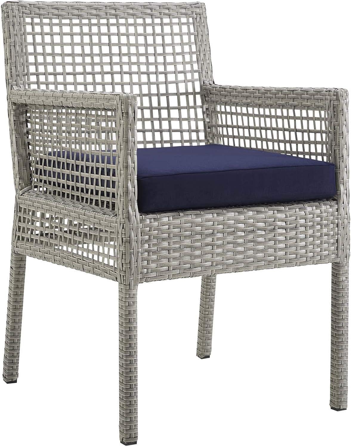 Gray Wicker Rattan Outdoor Dining Chairs with Navy Cushions