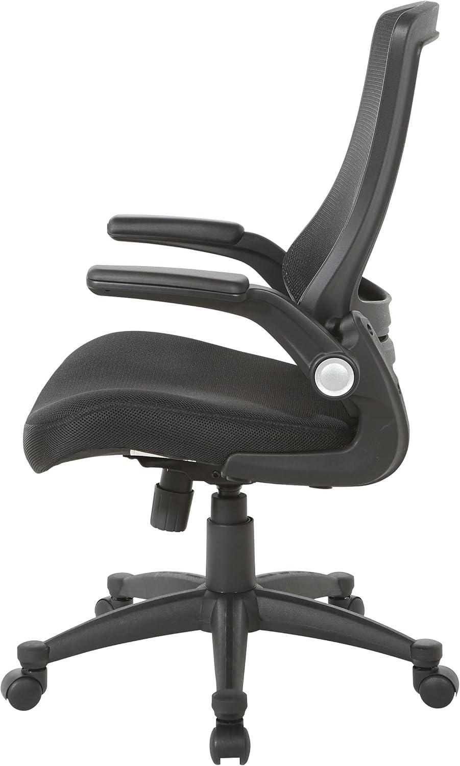 Office Star Products Screen Back Manager's Chair in Black Mesh Seat with PU Padded Flip Arms with Silver Accents