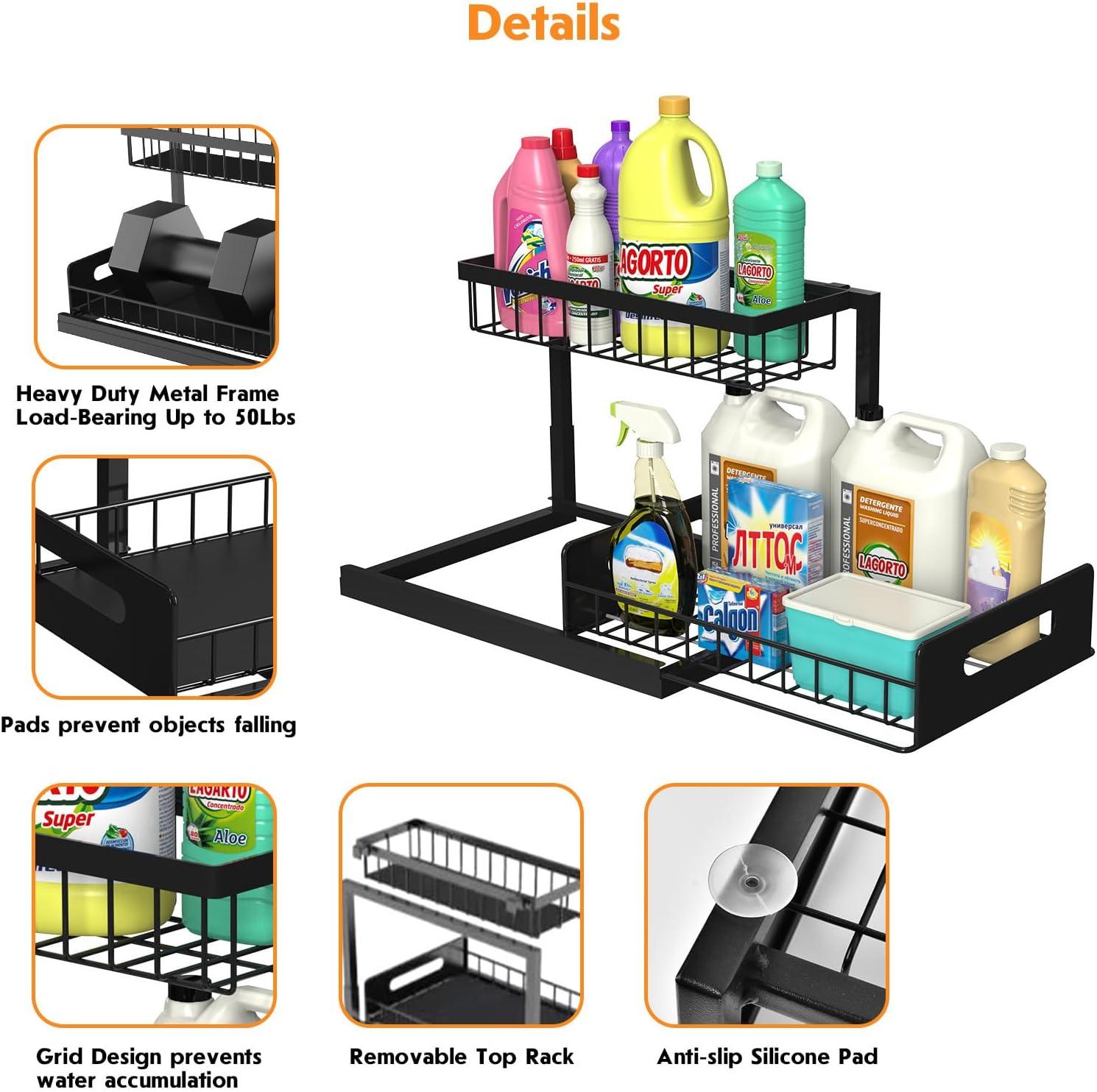 Webetop Under Kitchen Sink Organizers and Storage, 2 Tier Pull Out Cabinet Organizer, Multi-Purpose Sliding Shelf Under Bathroom Drawer- 14.2L x 10.6W x 11H
