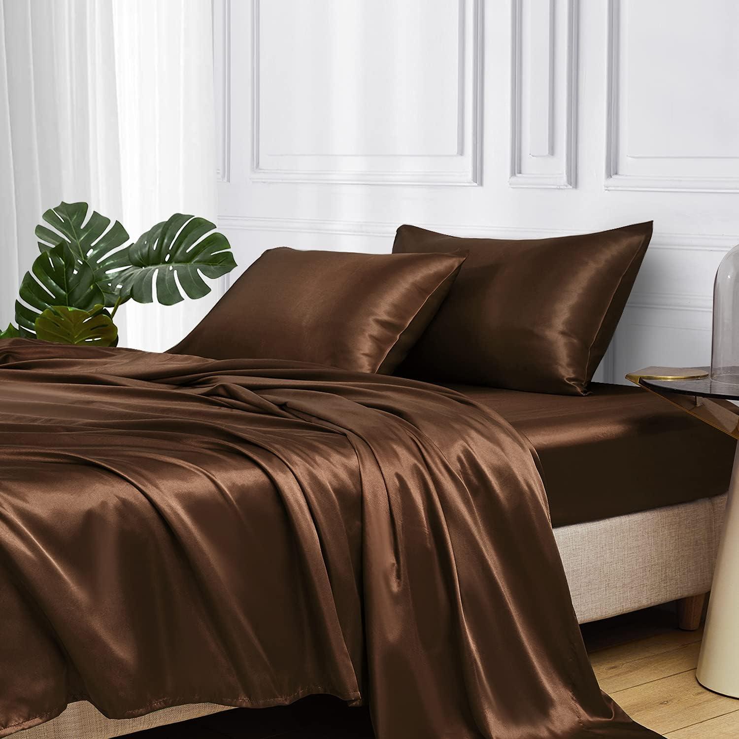 Luxurious Brown Satin Queen Deep Pocket Bed Sheet Set