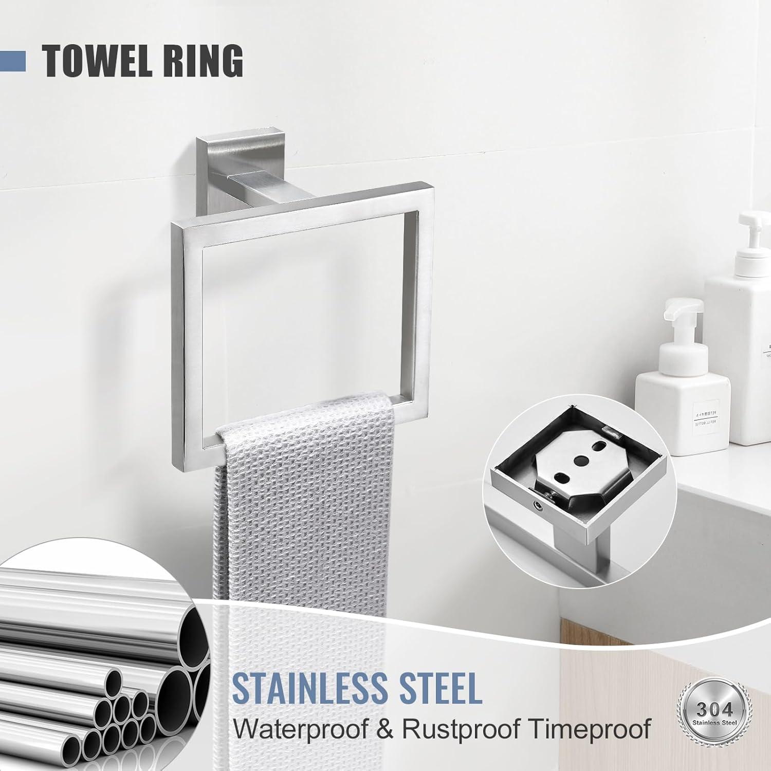 Brushed Nickel Towel Bar Rack Sets, 23.6 inch Bathroom Hardware Set 5-Piece Towel Bar Wall Mount Modern Bathroom Accessories Include Towel Rack,Toilet Paper Holder,2*Robe Hook