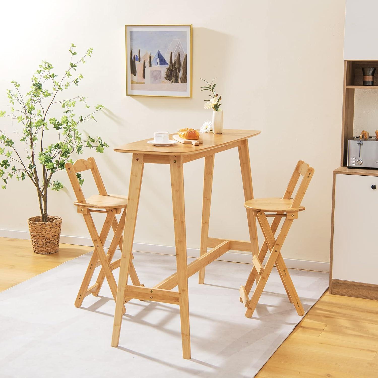 Costway Set of 2 Bamboo Folding Barstools Counter Height Dining Chairs Installation Free