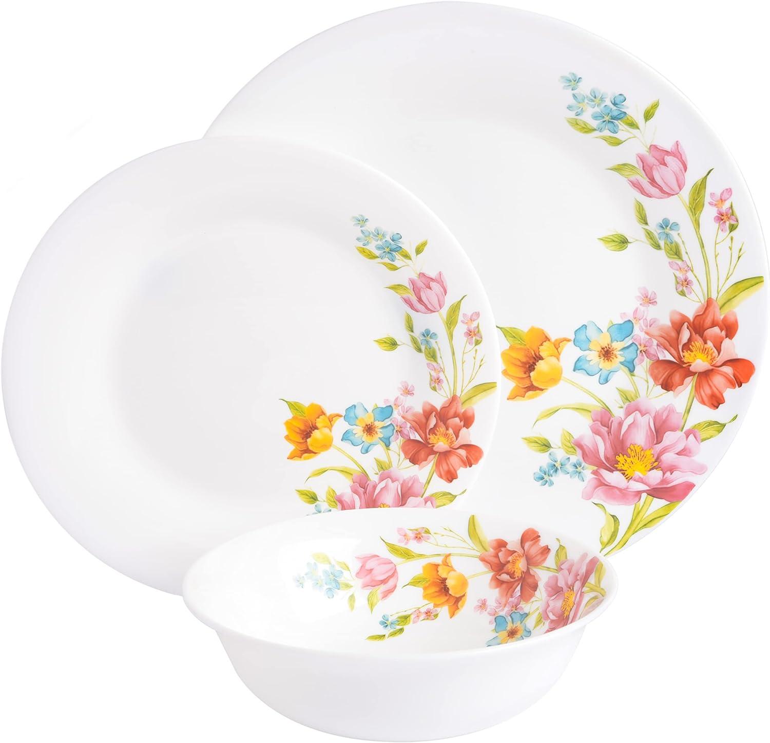 18-Piece Red Floral Opal Glass Dinnerware Set, Service for 6