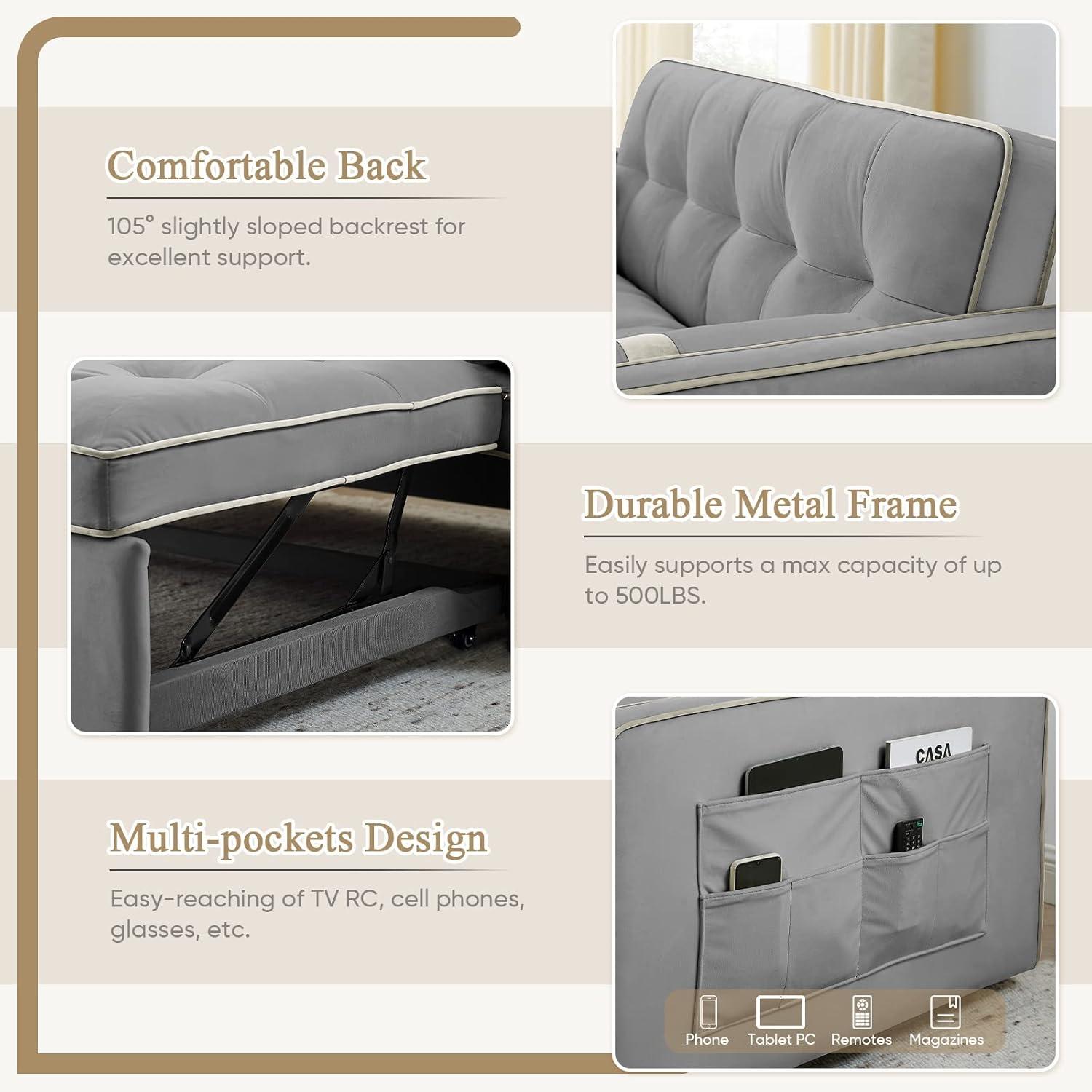Yeahumalia 3 in 1 Convertible Velvet Loveseat Sleeper Futon Sofa Bed, Pull Out Couch with Side Table for Living Room, Bedroom, Grey