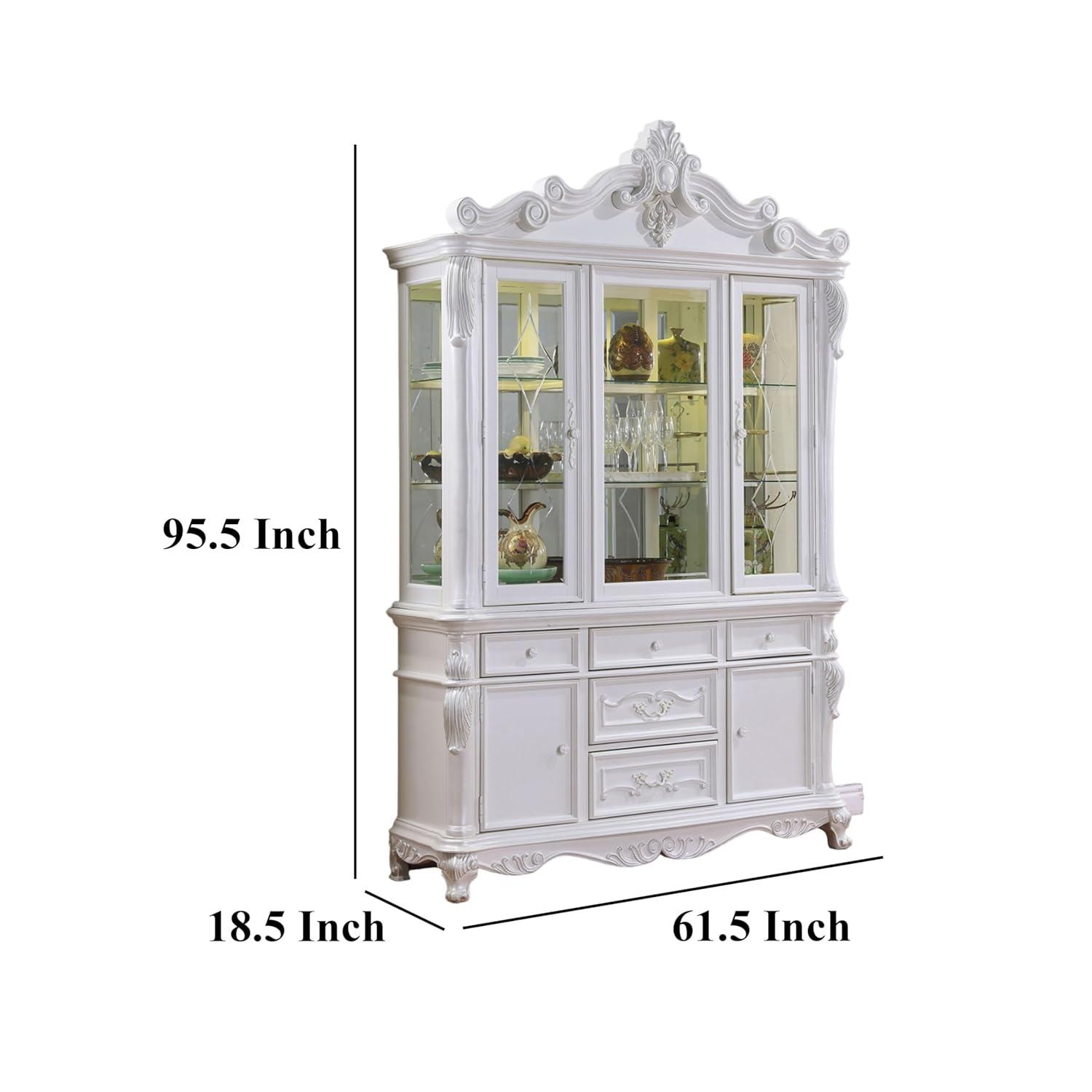 Benjara Zenie Buffet Cabinet and Hutch, Classic Carved Details, White Solid Wood
