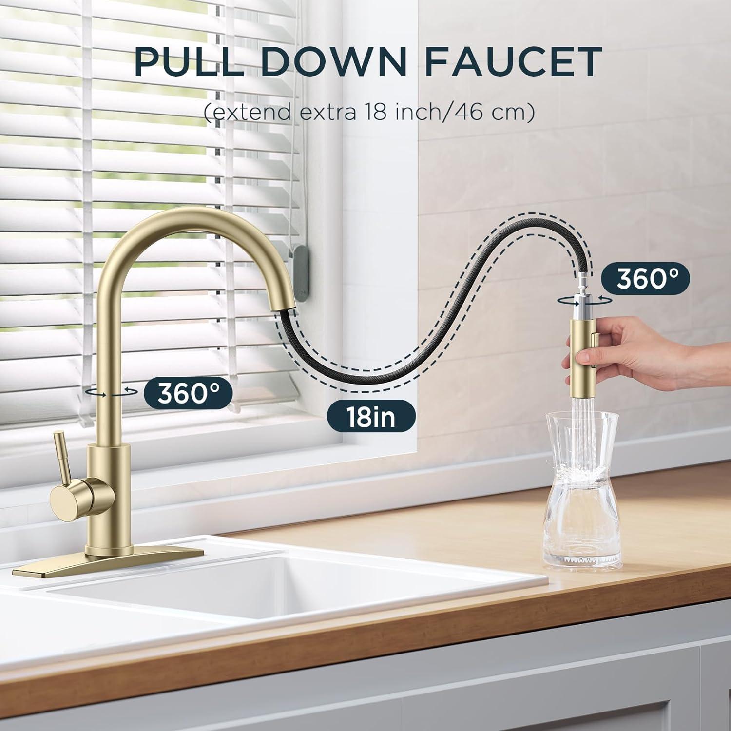 Kitchen Faucet Single Handle Stainless Steel Kitchen Sink Faucet with Pull Out Sprayer Brushed Gold Sprayer and Handle