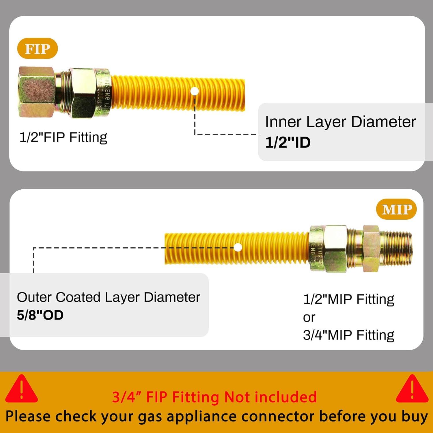 60" Flexible Gas Line Kit for Dryer, Stove, Range, Stainless Steel Gas Dryer Connector Kit, 5/8 in.OD(1/2 in. ID)Dryer Gas Line with Connector 1/2" FIP & 1/2" MIP & 3/4" MIP Fitting