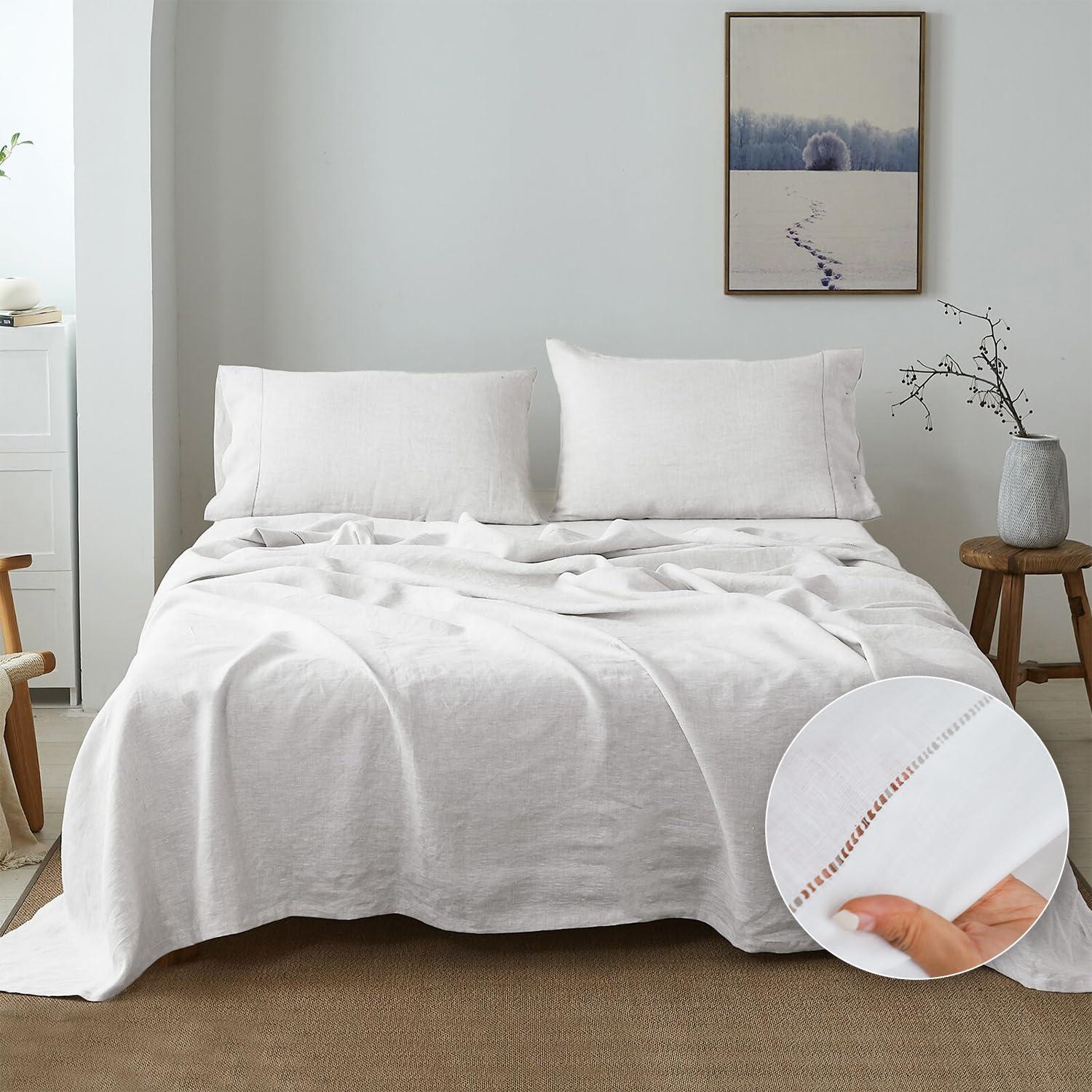 Simple&Opulence Belgian Linen Sheet Set Solid Color - 4 Pieces (1 Flat Sheet, 1 Fitted Sheet & 2 Pillowcases) Natural Flax Cotton Blend Soft Breathable Farmhouse Bedding - Full Size, White