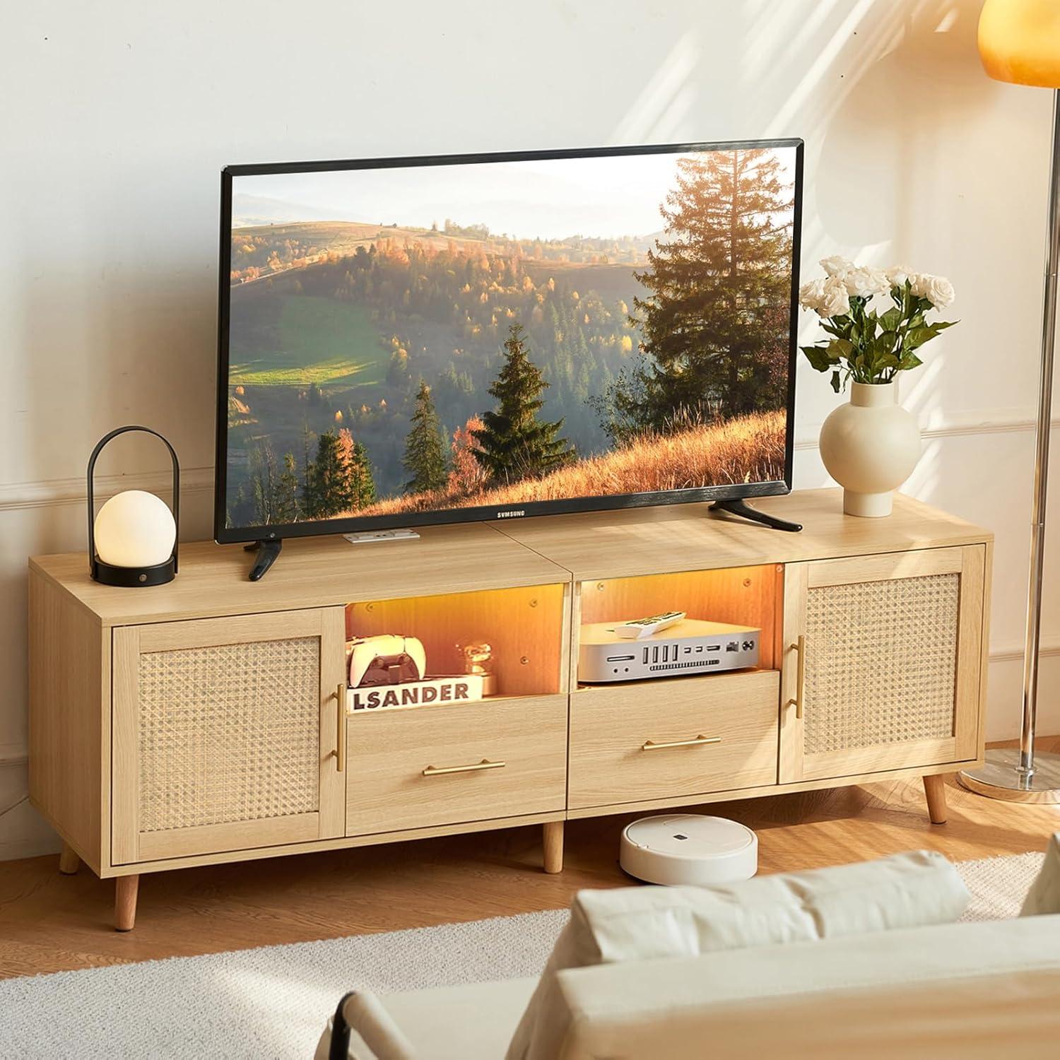 Natural Wood and Rattan TV Stand with LED Lights