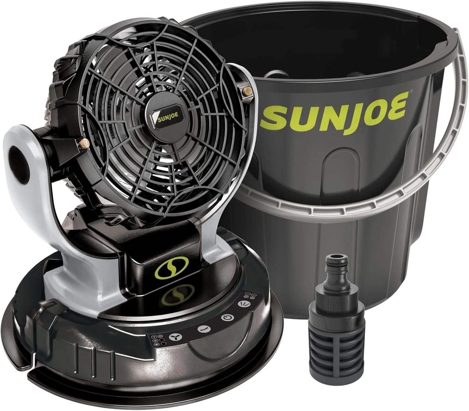 Sun Joe 24 Volt IONMAX Cordless Misting Fan Kit, Indoor or Outdoor, with 6 Gallon Portable Bucket, 60 Square Foot Coverage, 2.0-AH Battery and