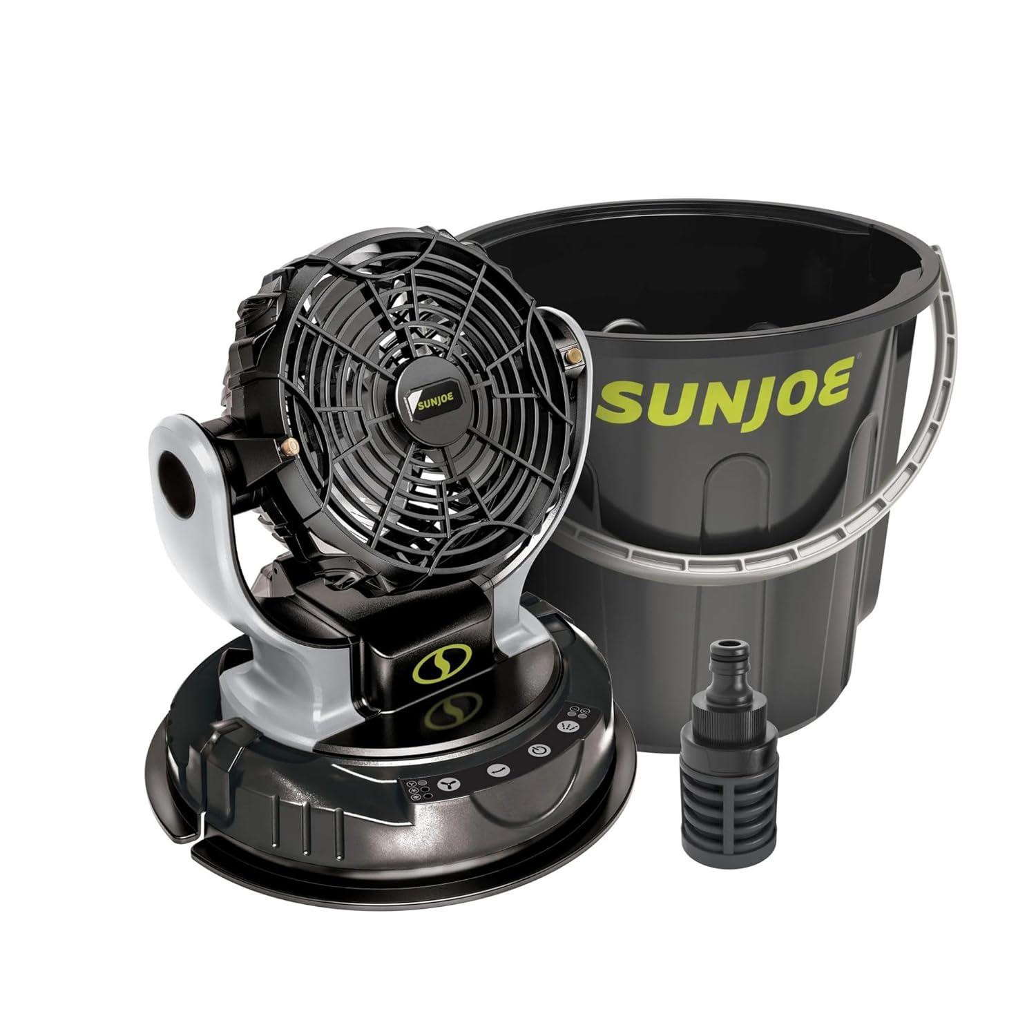 Sun Joe 24 Volt IONMAX Cordless Misting Fan Kit, Indoor or Outdoor, with 6 Gallon Portable Bucket, 60 Square Foot Coverage, 2.0-AH Battery and