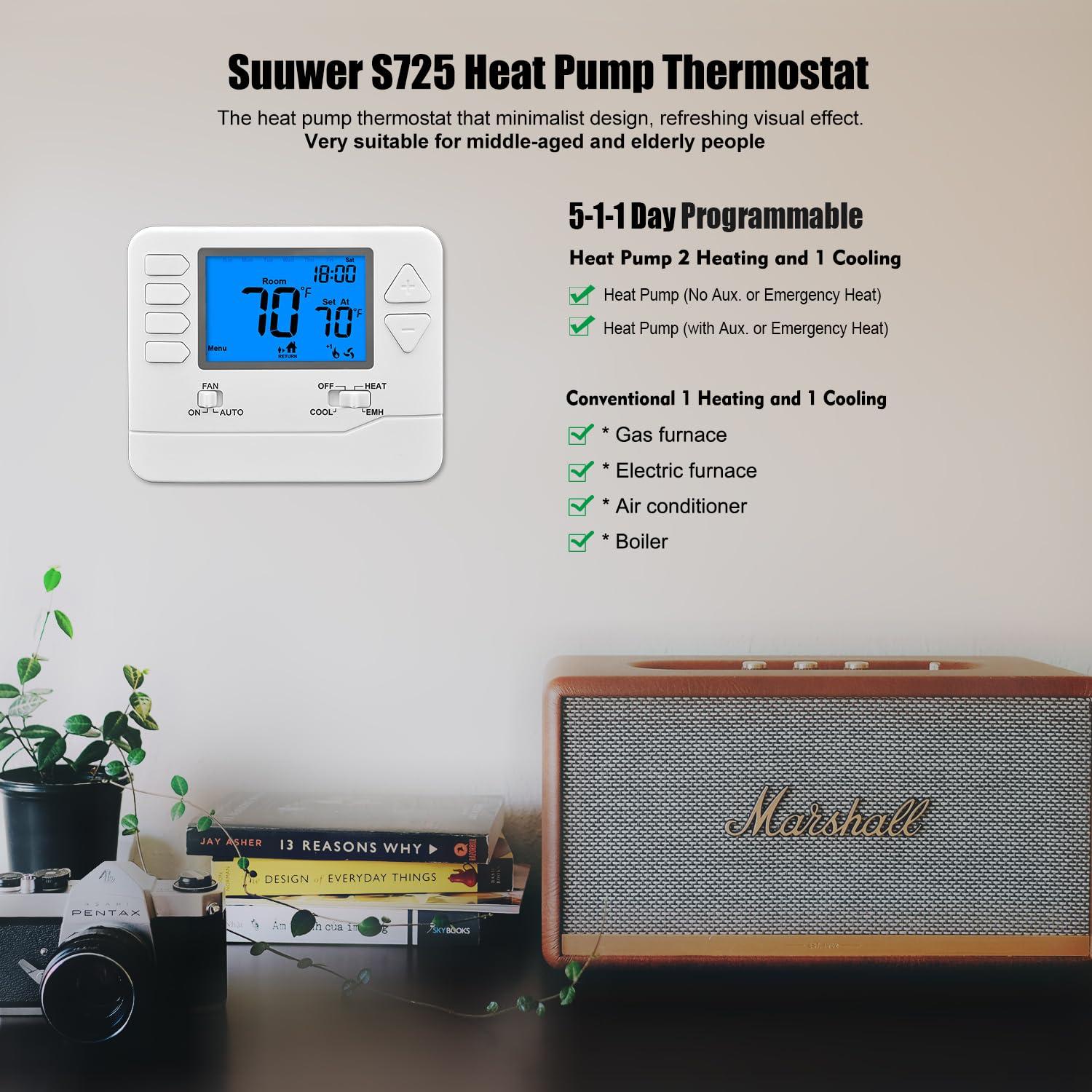5-1-1 Day Programmable Thermostat for Home Conventional Single or Multistage Systems, up to 2 Heat/ 2 Cool, (with White Backlight)