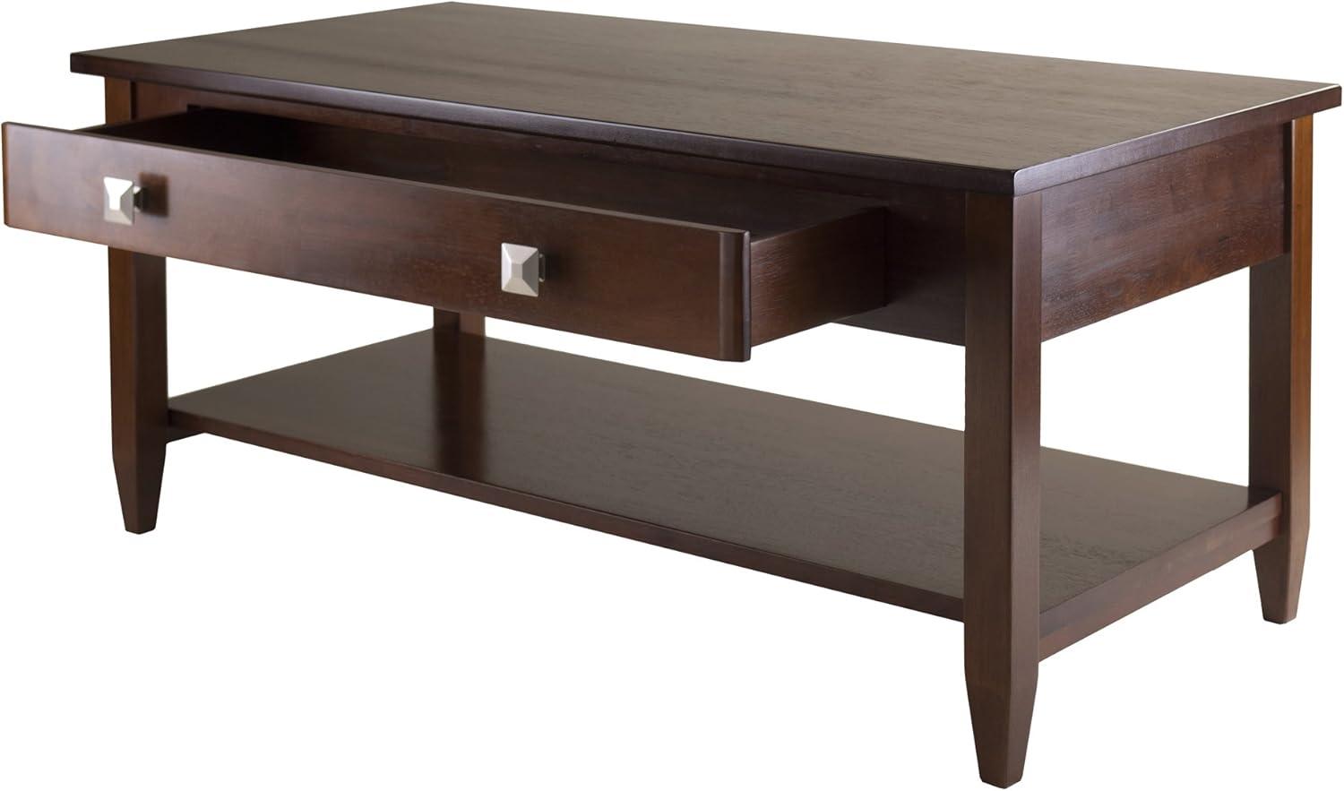 Richmond Coffee Table with Tapered Leg Walnut Finish - Winsome: Storage Shelf, Modern Brushed-Chrome Knobs