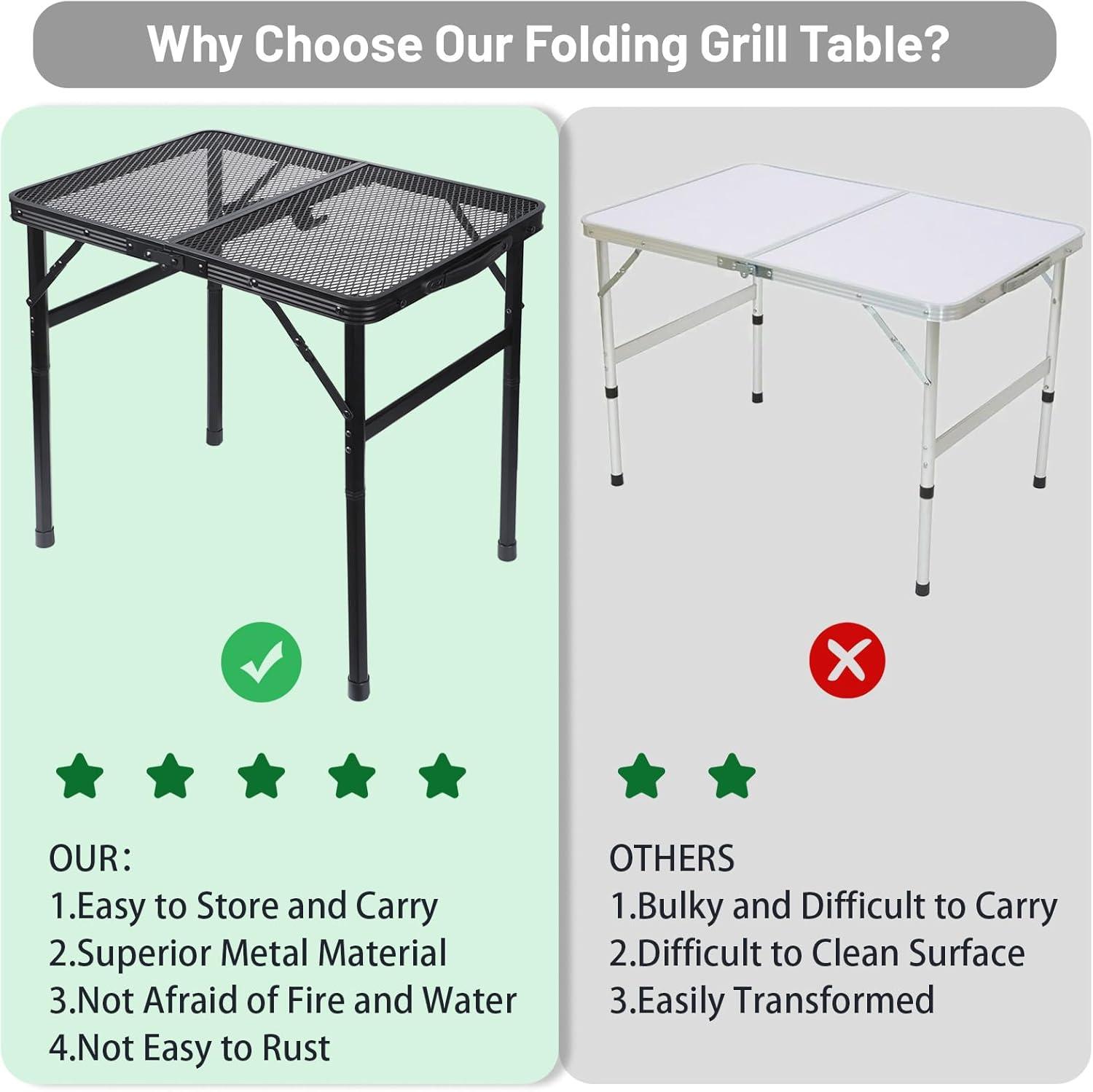 Folding Grill Table Camping Table with Mesh Desktop, Lightweight & Portable Outdoor Picnic Table, Height Adjustable Portable Grill Table for Outside Inside Use