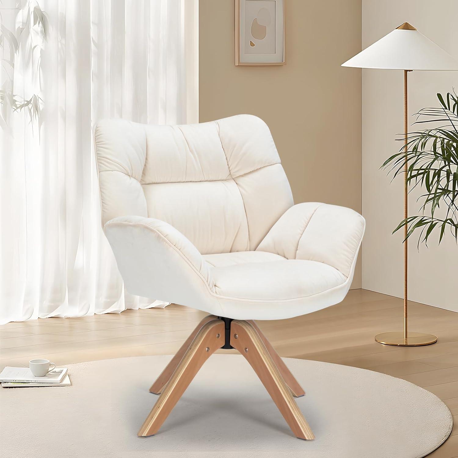 Beige Upholstered Accent Chair with Wood Legs