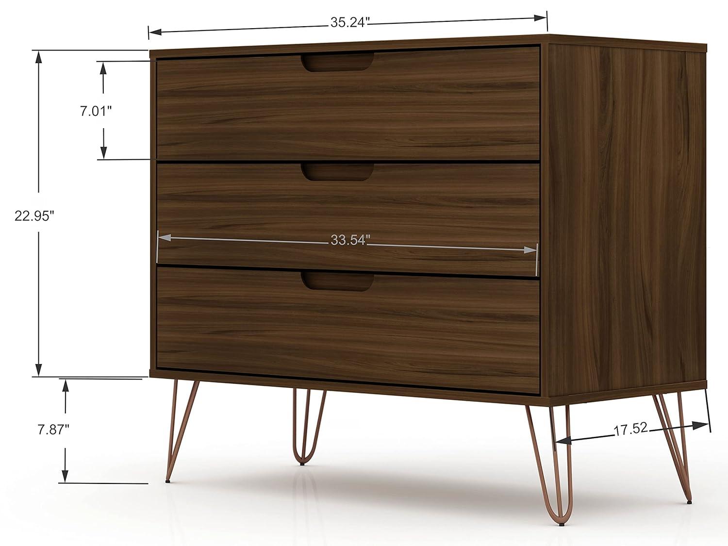 Set of 2 Rockefeller 3 Drawer Dresser Nature/Rose Pink - Manhattan Comfort: MDF Bedroom Storage, Easy-Glide, 6 Drawers